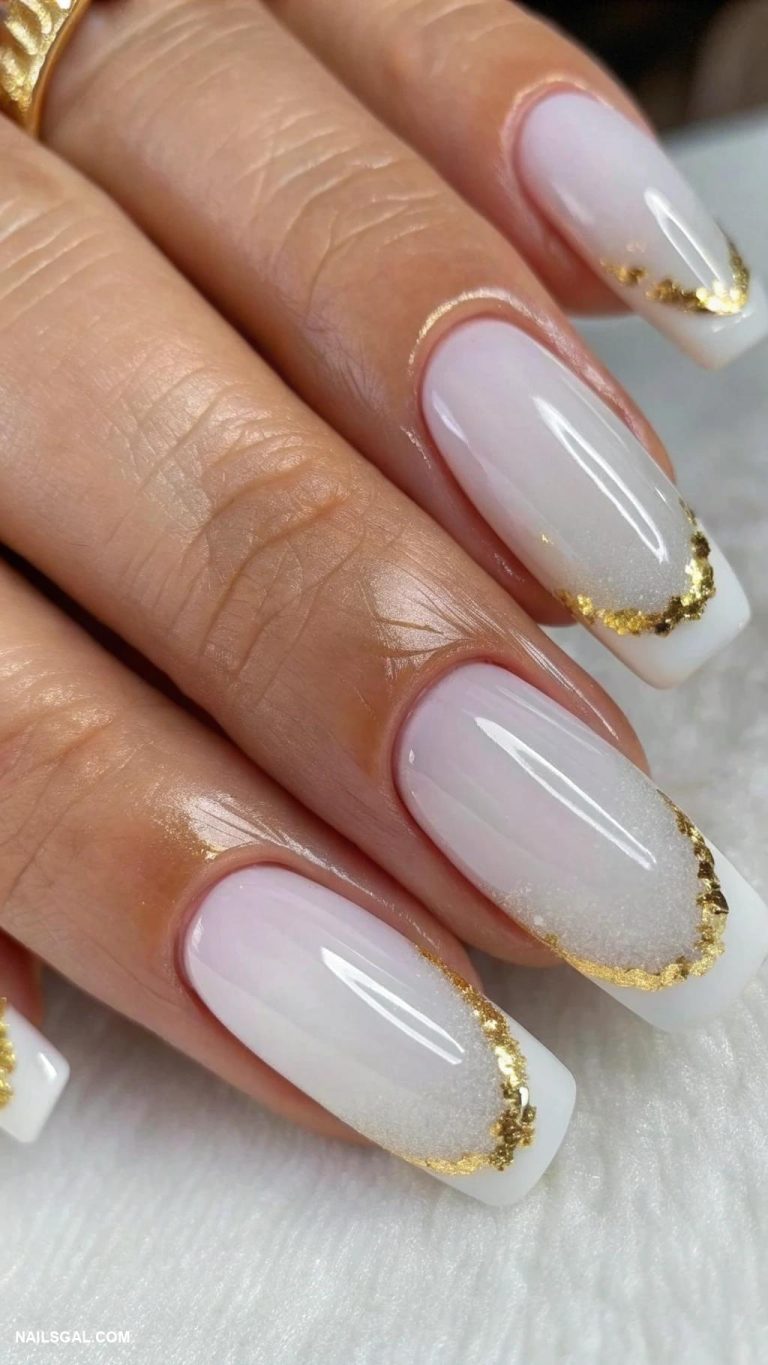 aura nails with gold Classic white aura with gold edges