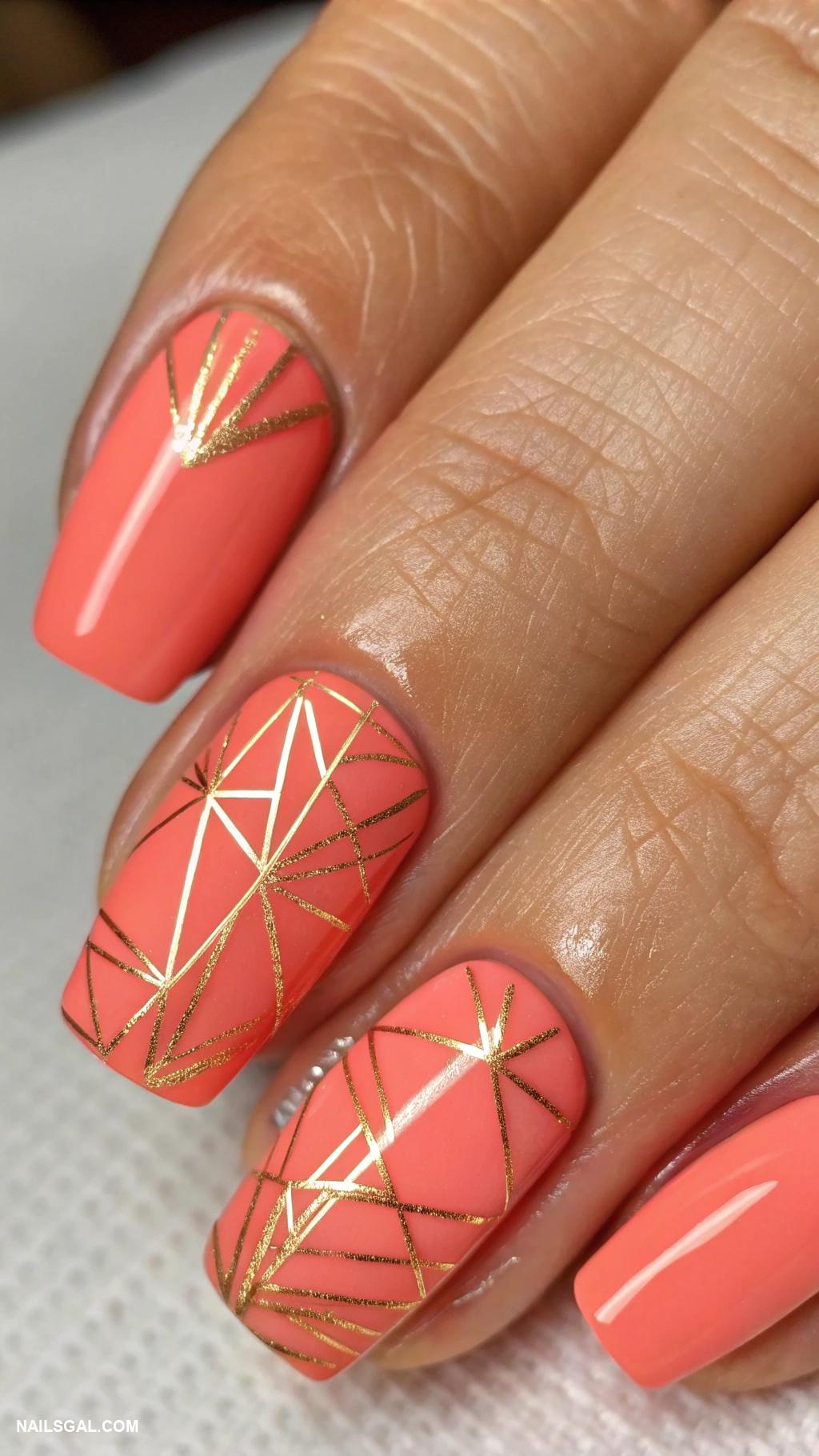 aura nails with gold Coral base with delicate gold lines