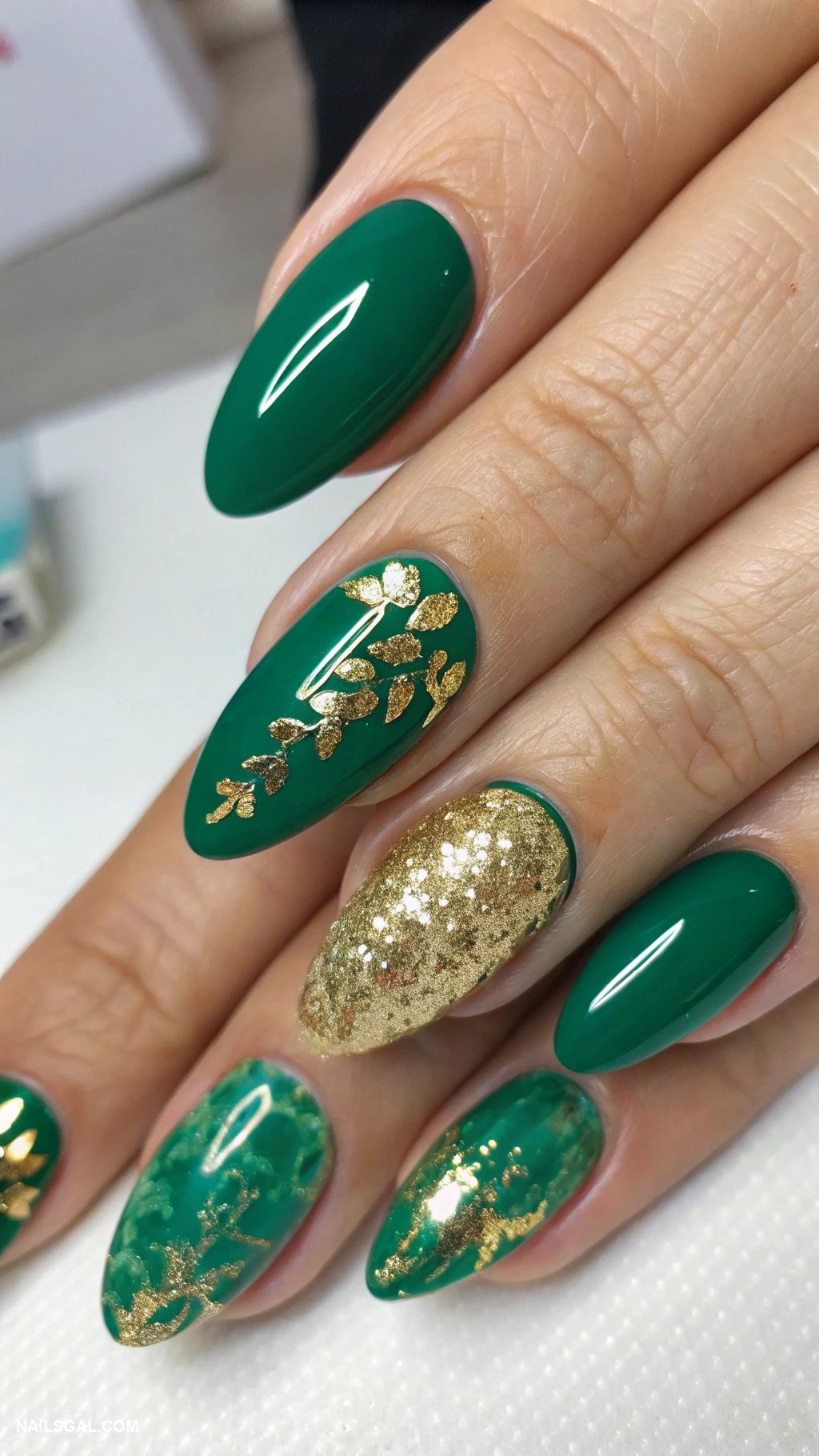 aura nails with gold Emerald green with gold foil details