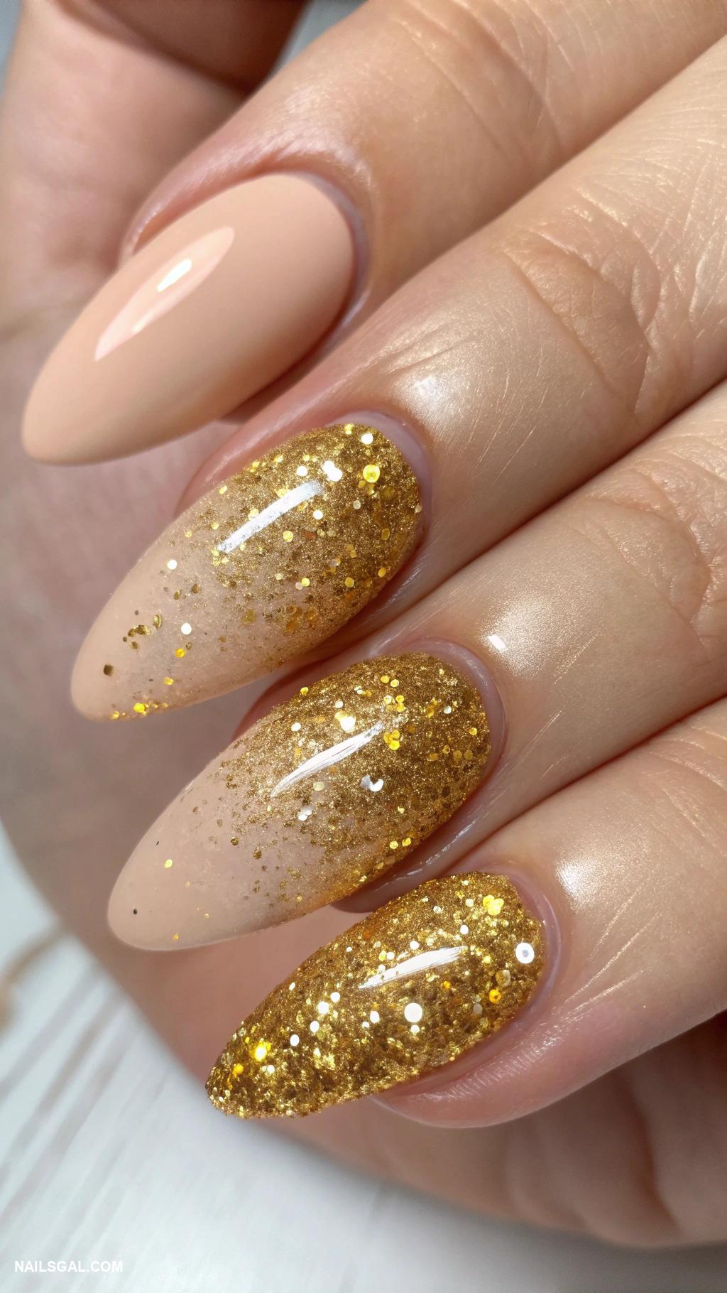 aura nails with gold Golden glitter ombre on nude base