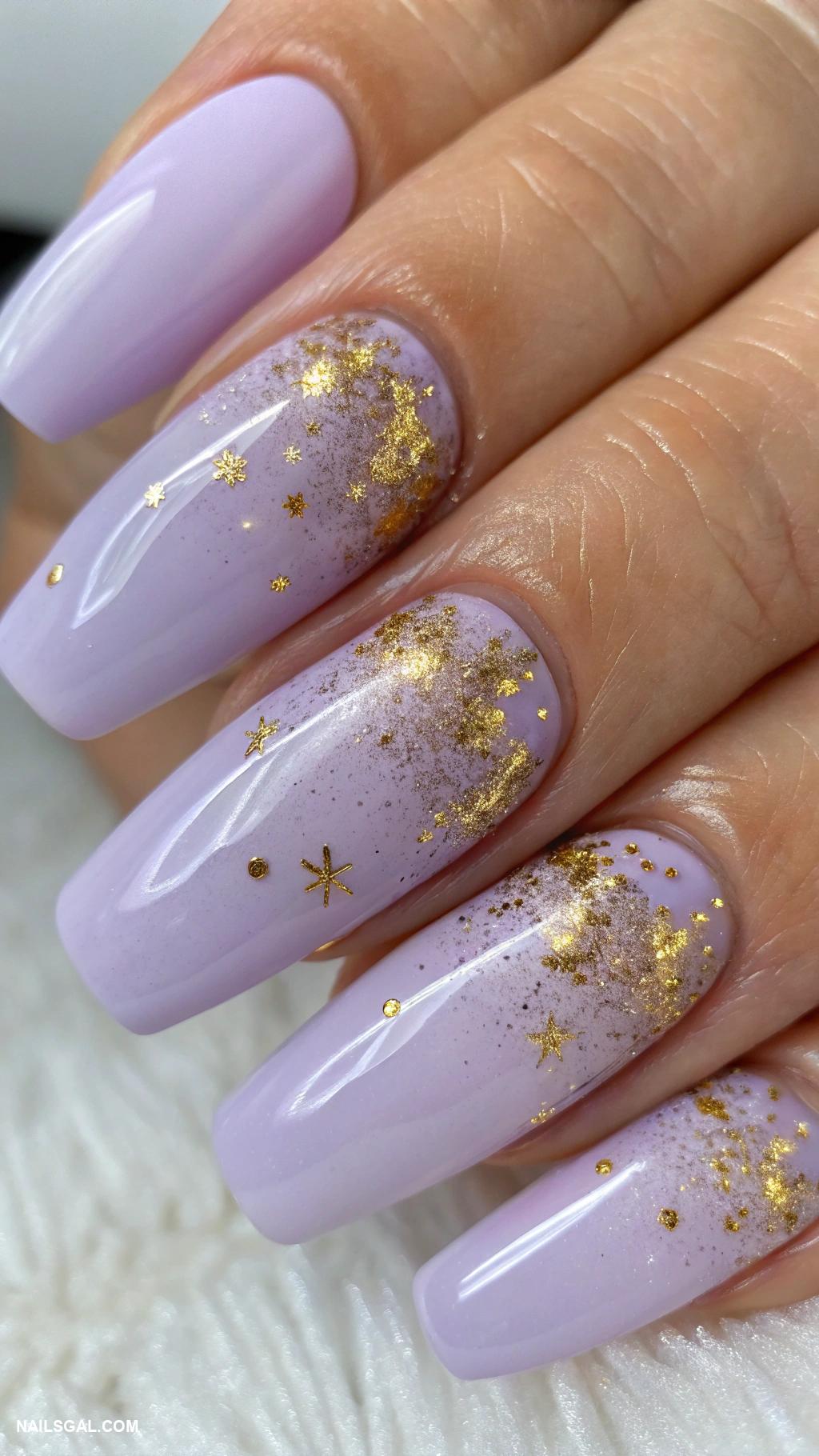 aura nails with gold Light purple aura with gold sparkle