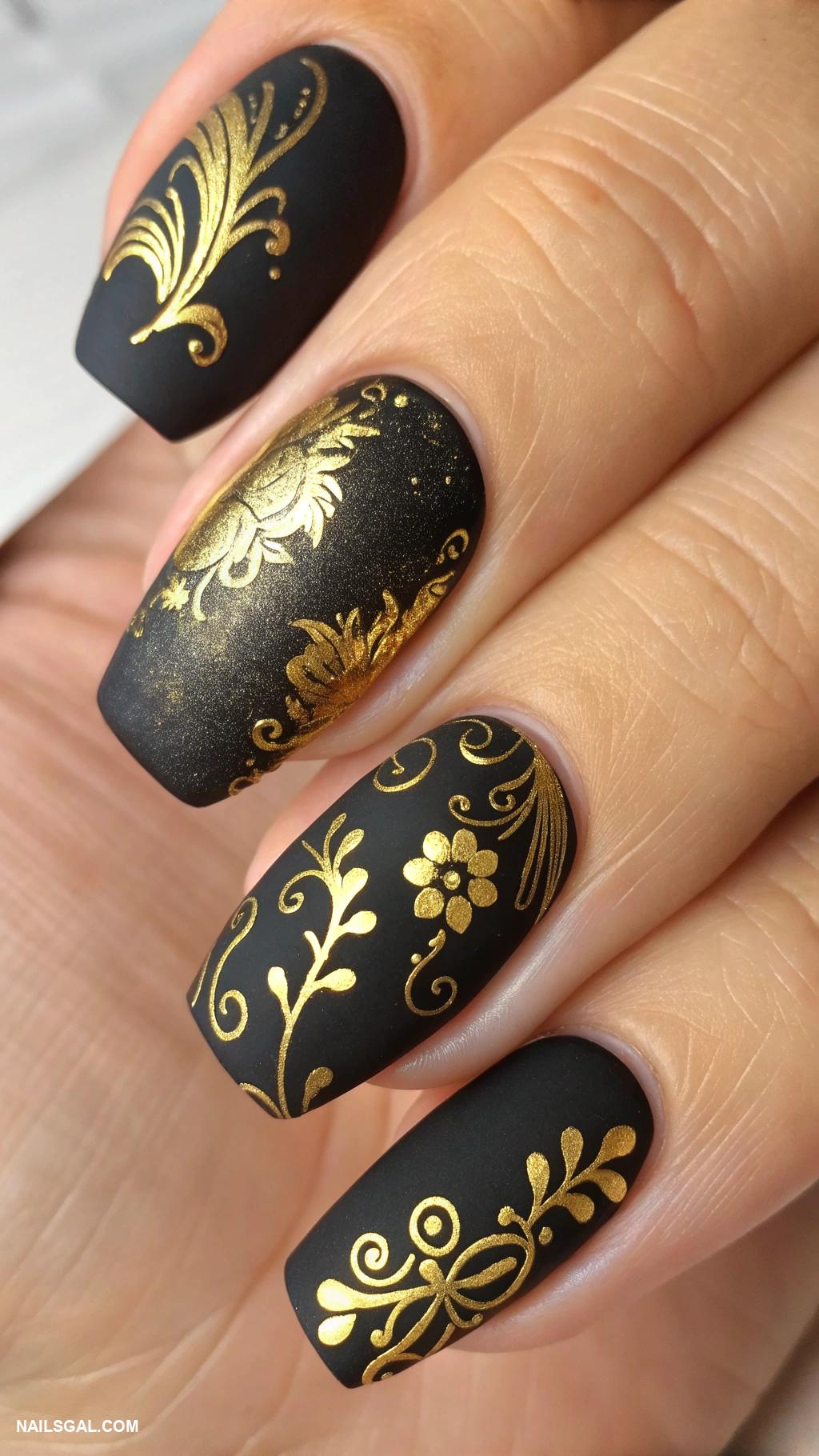 aura nails with gold Matte black base with gold foils