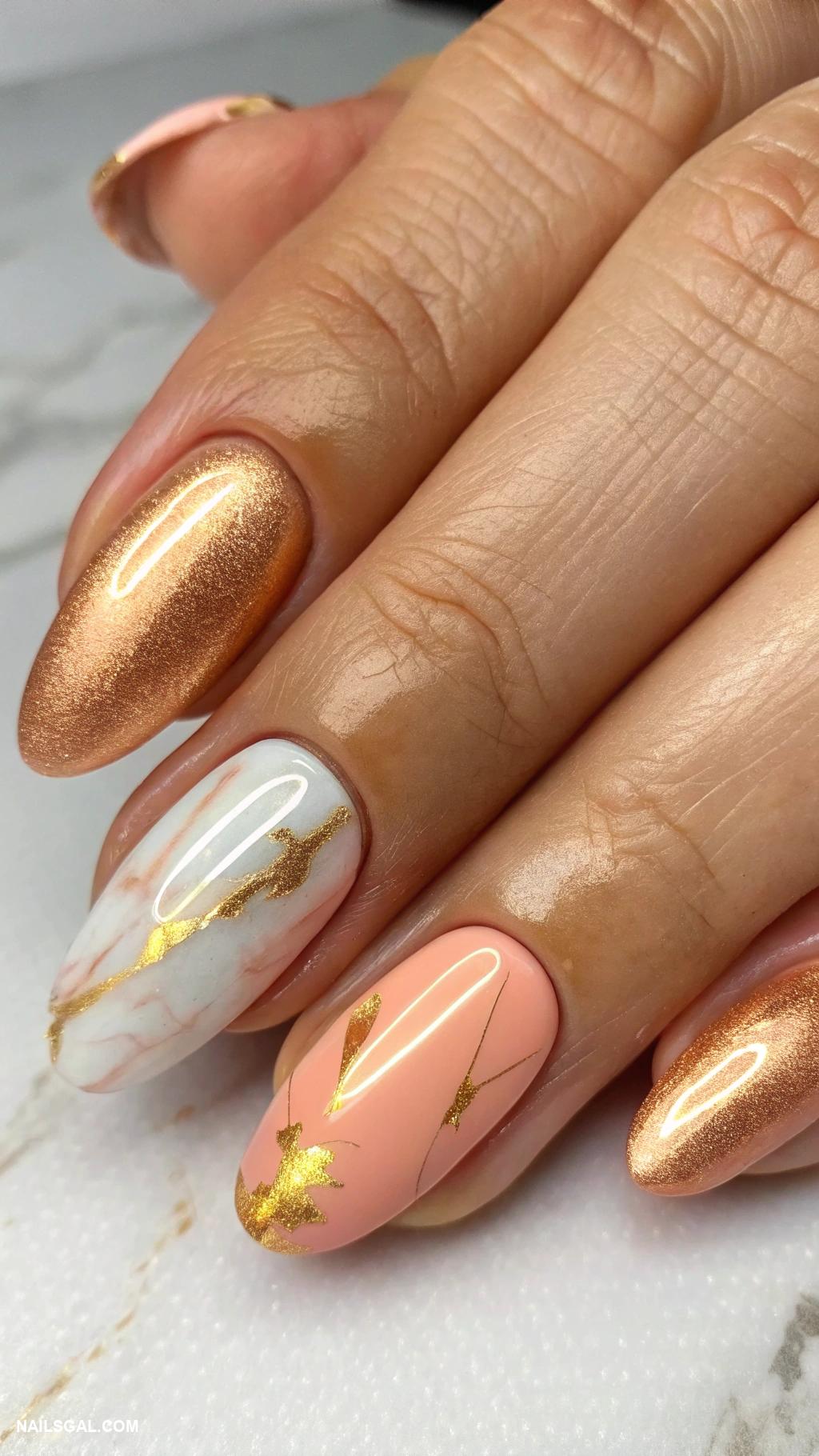 aura nails with gold Metallic gold and soft peach blend