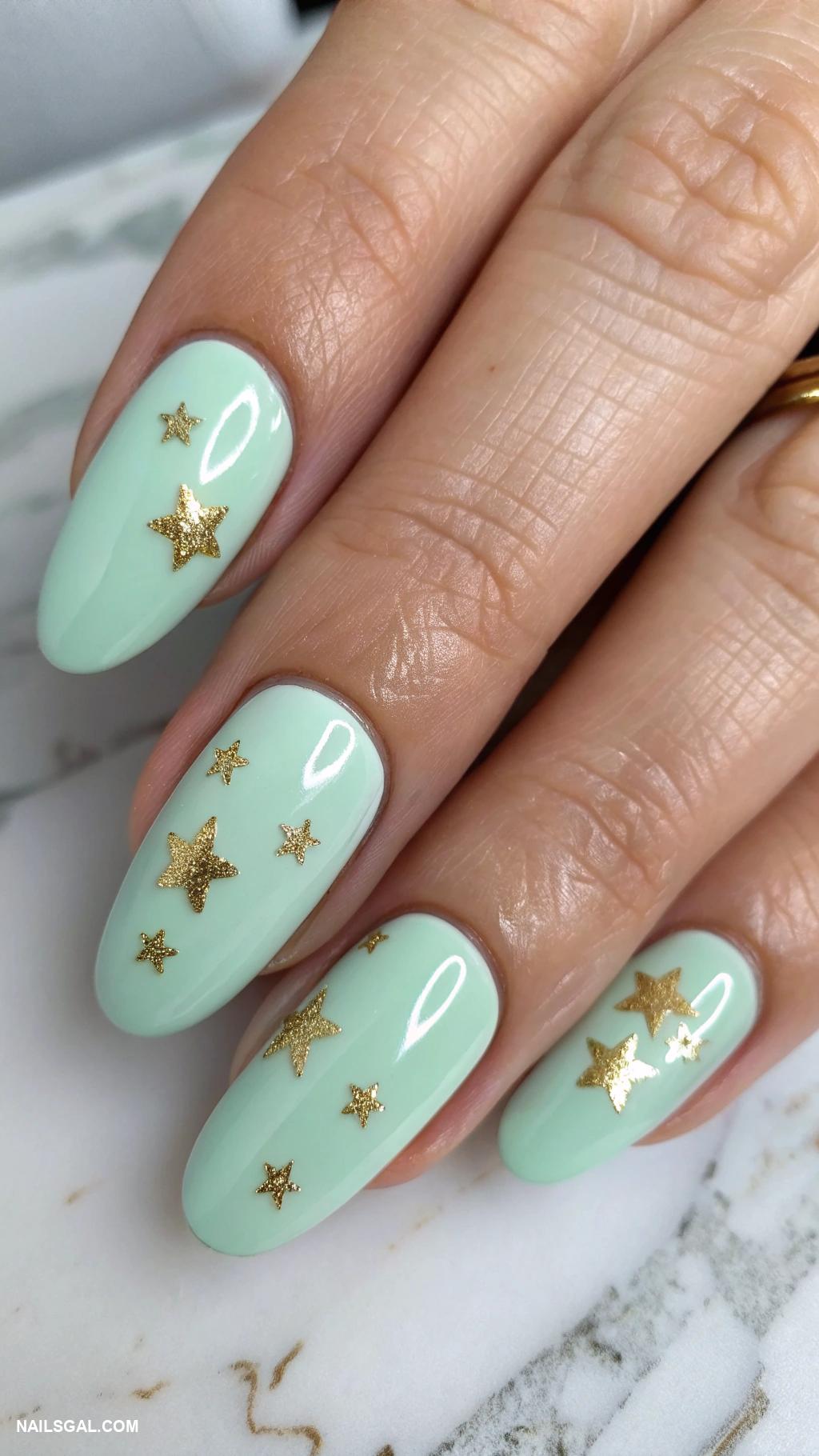 aura nails with gold Mint green with gold star decals