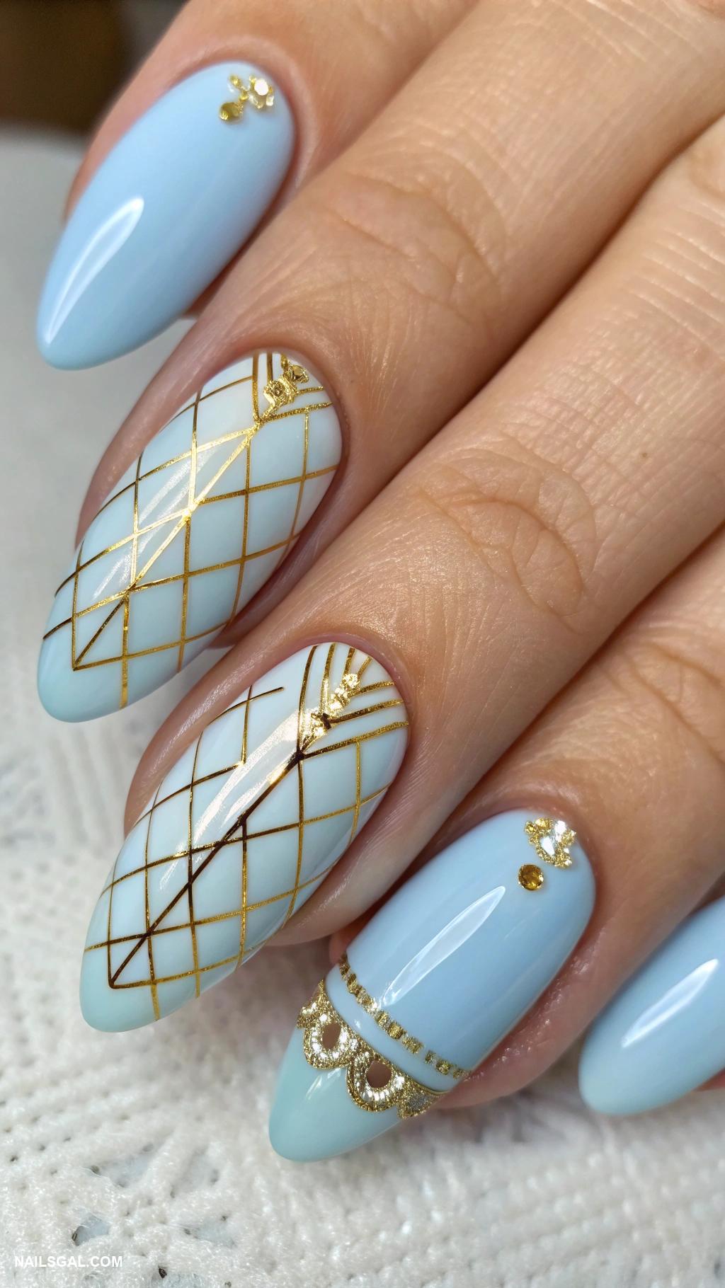aura nails with gold Pastel blue aura with gold lines
