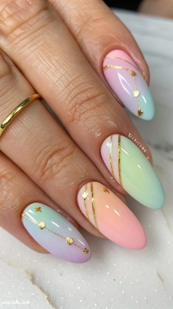 aura nails with gold Pastel rainbow with gold accents