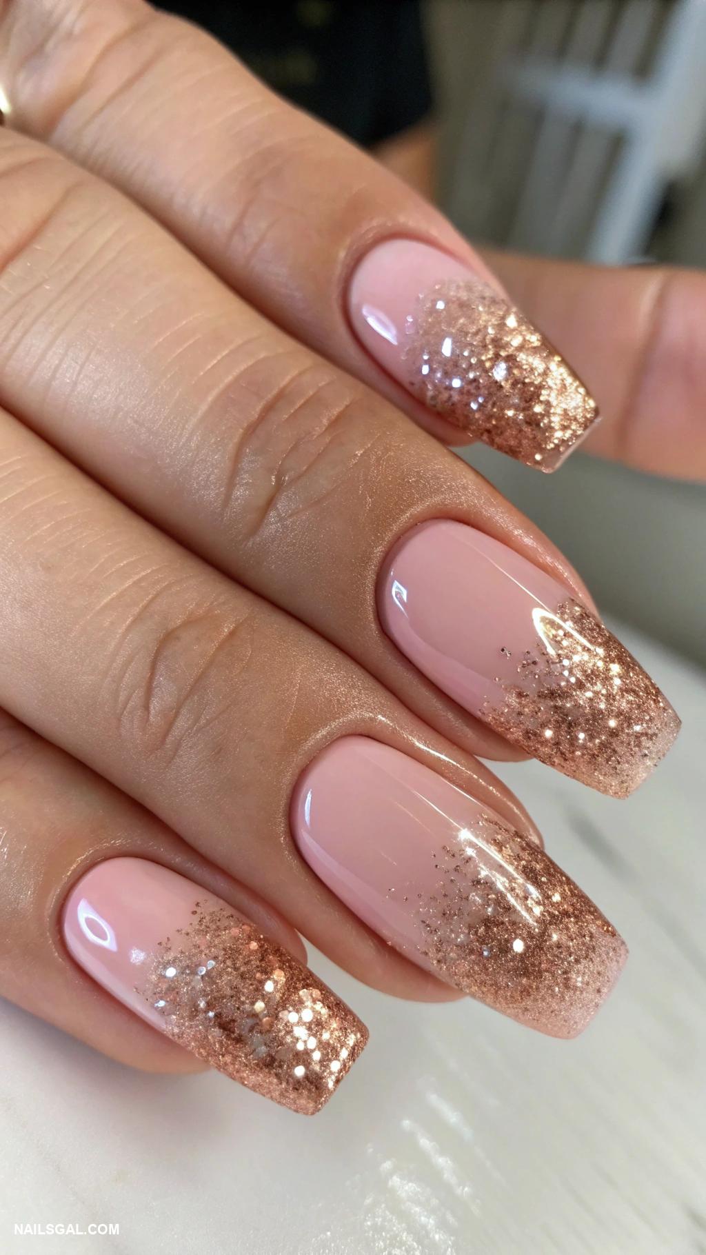 aura nails with gold Rose gold ombre with glitter tips