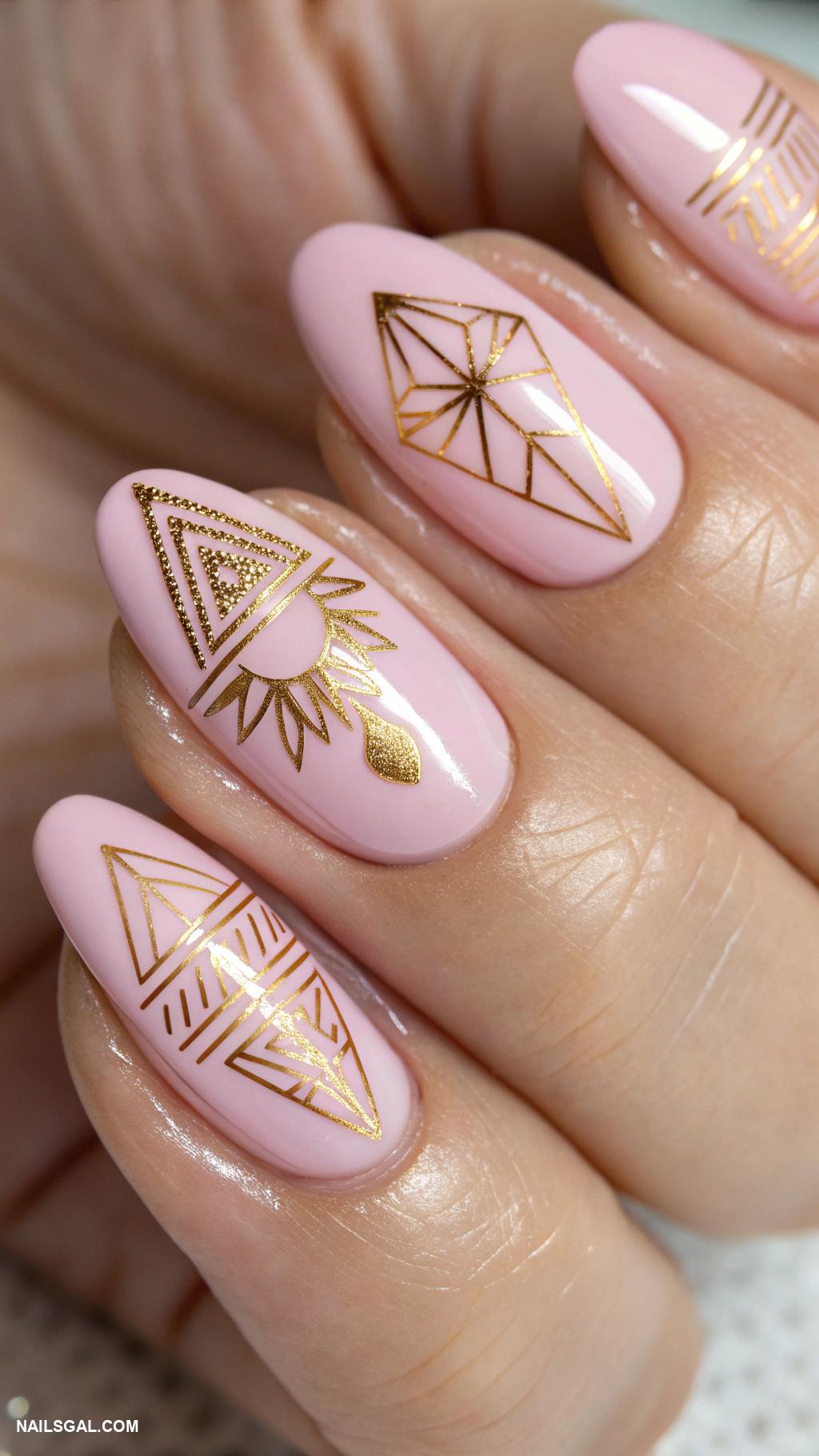 aura nails with gold Soft pink with gold geometric patterns