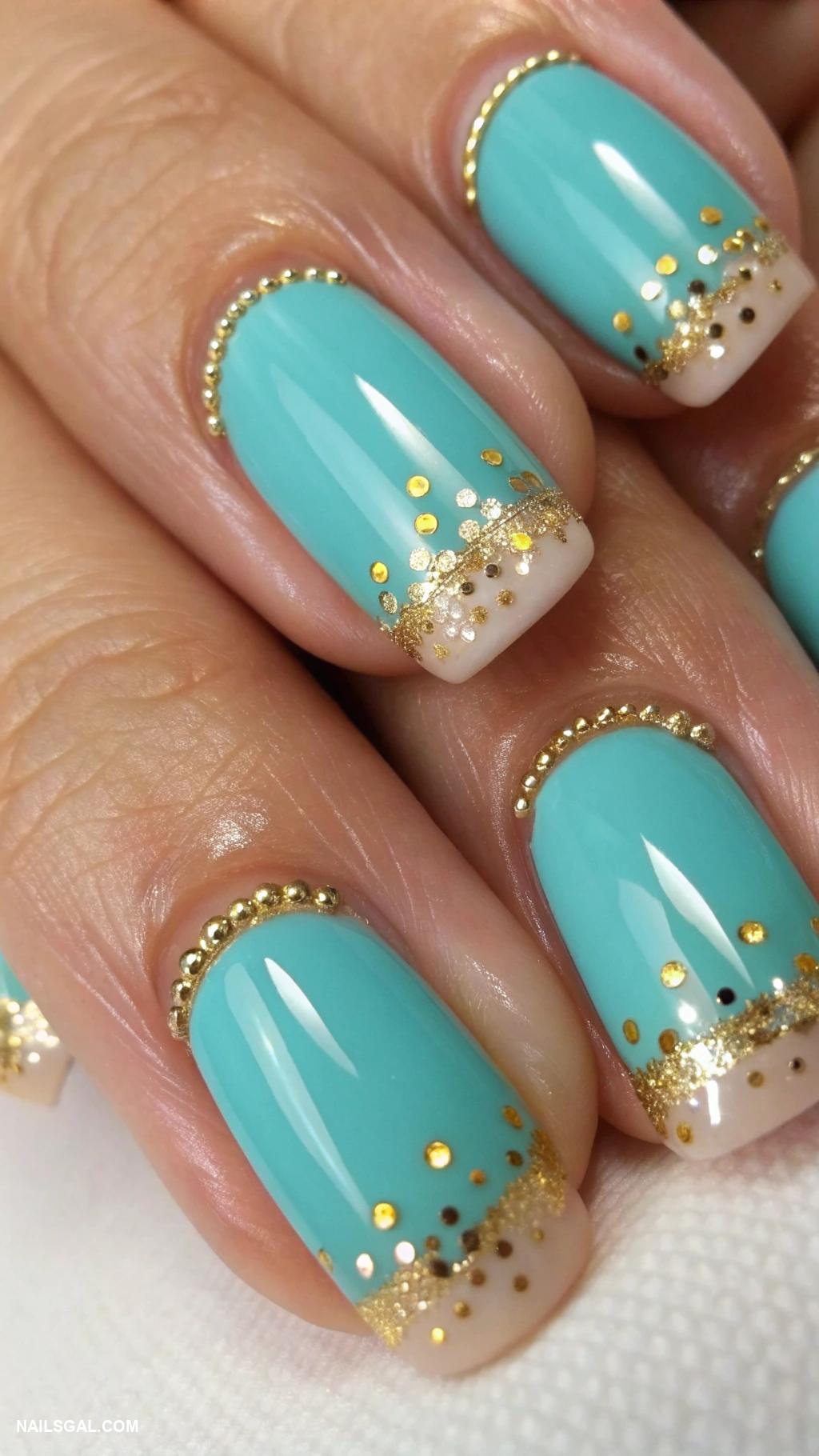 aura nails with gold Turquoise tips with gold dotting