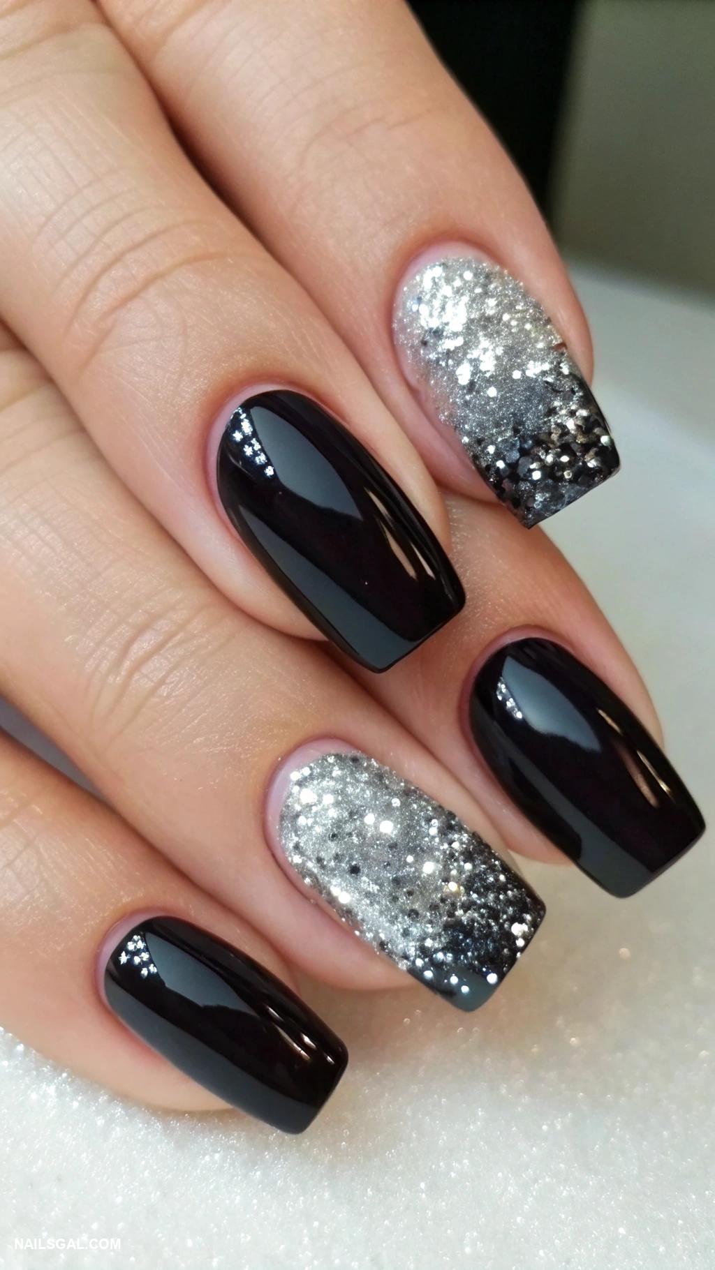 black ombre nails Black gradient with silver glitter tips