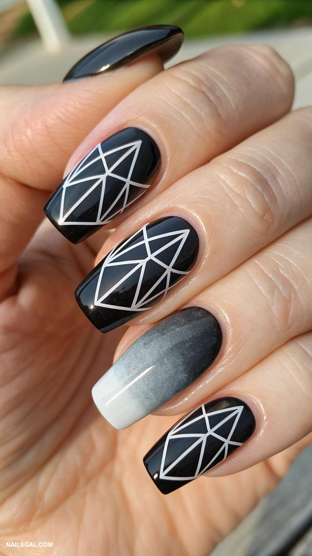 black ombre nails Black ombre with geometric white lines