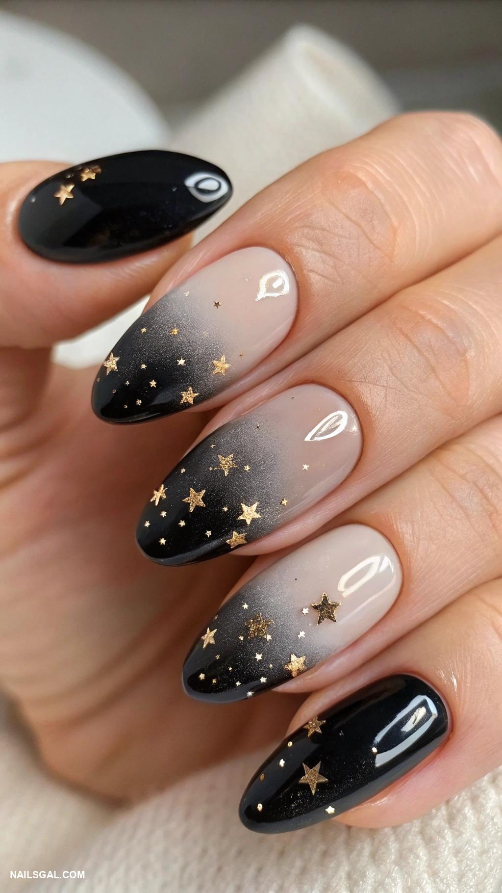 black ombre nails Black ombre with tiny gold stars