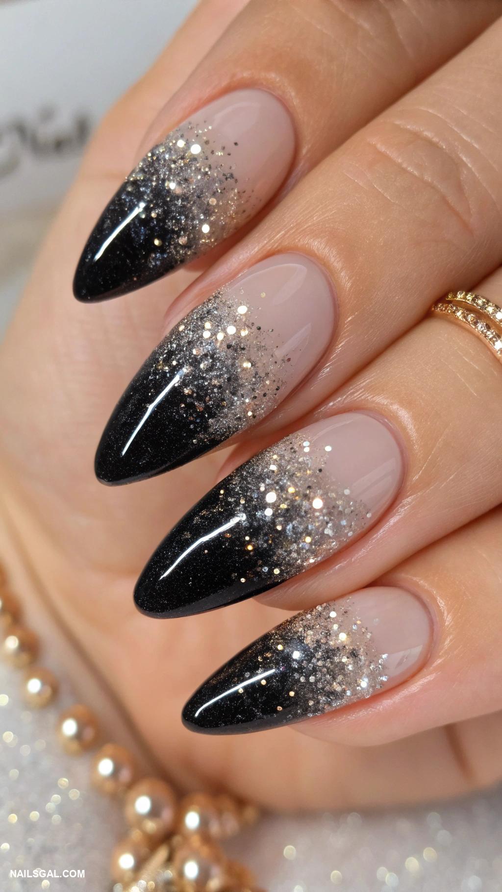 black ombre nails Sparkly black fading into transparent base