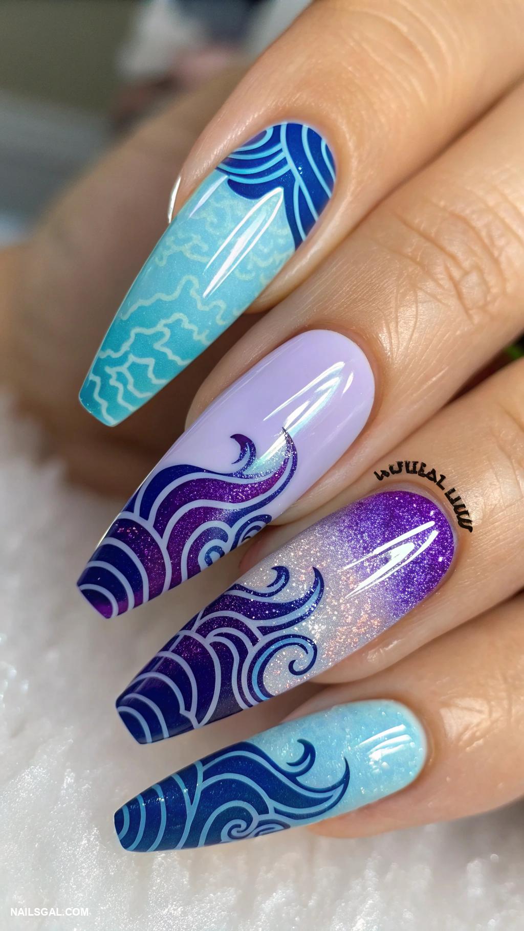 blue and purple nails Abstract waves in blue and purple