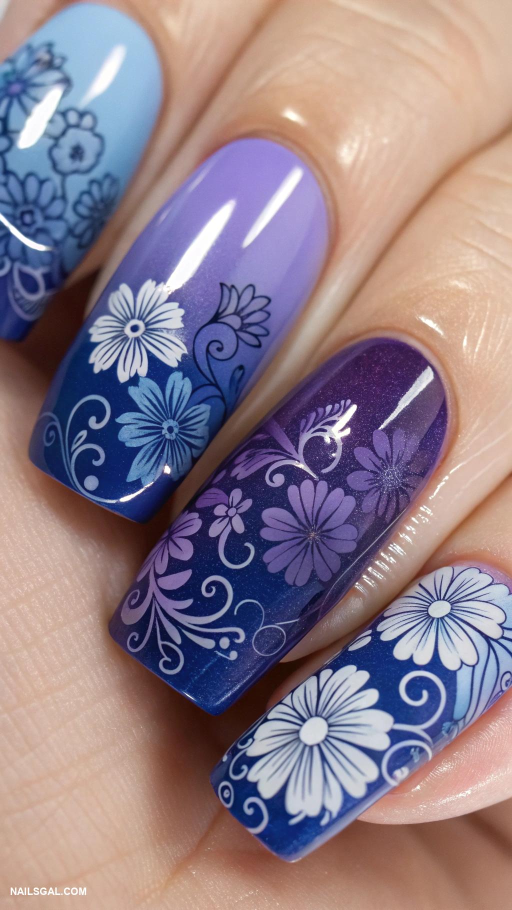 blue and purple nails Floral patterns in blue and purple shades