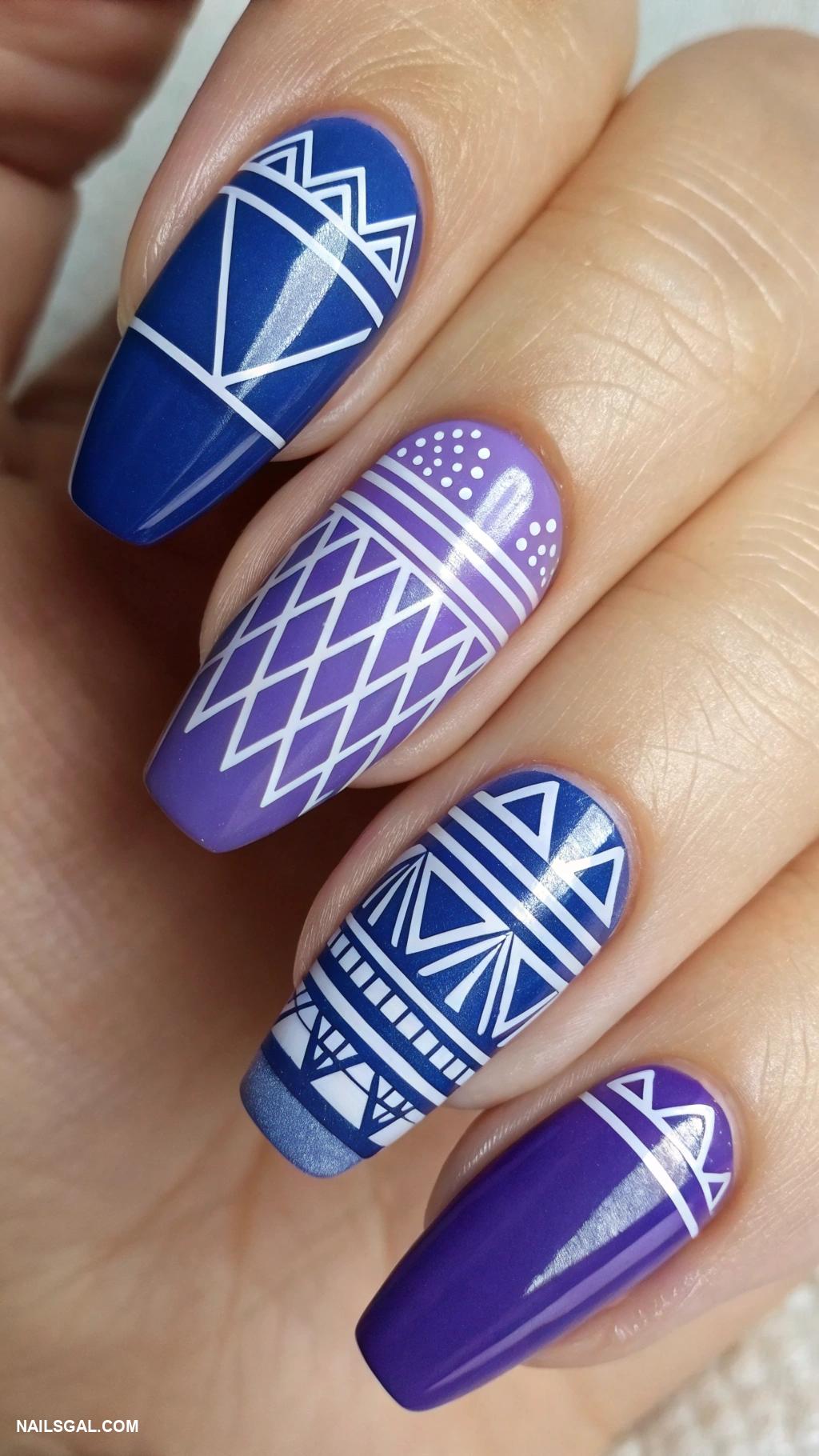 blue and purple nails Geometric designs with alternating colors