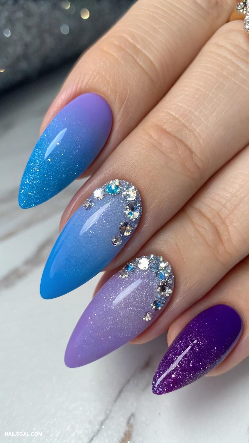 blue and purple nails Glitter accents on blue and purple base
