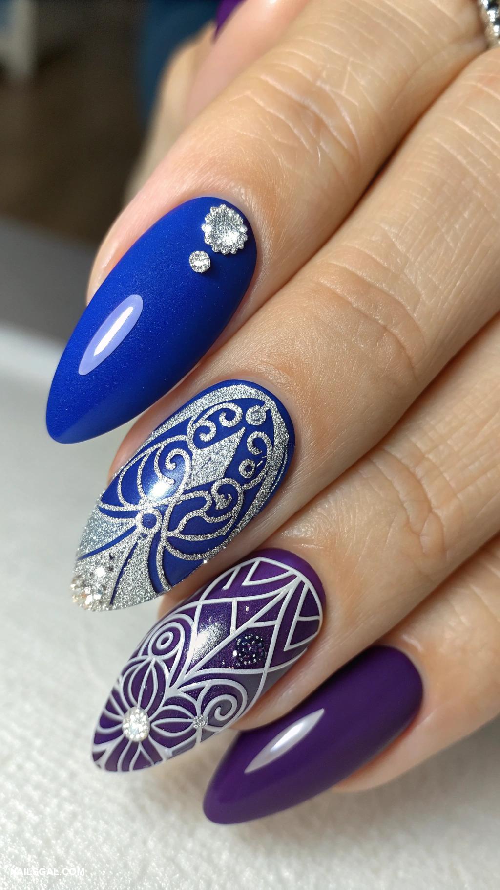 blue and purple nails Negative space with blue and purple details