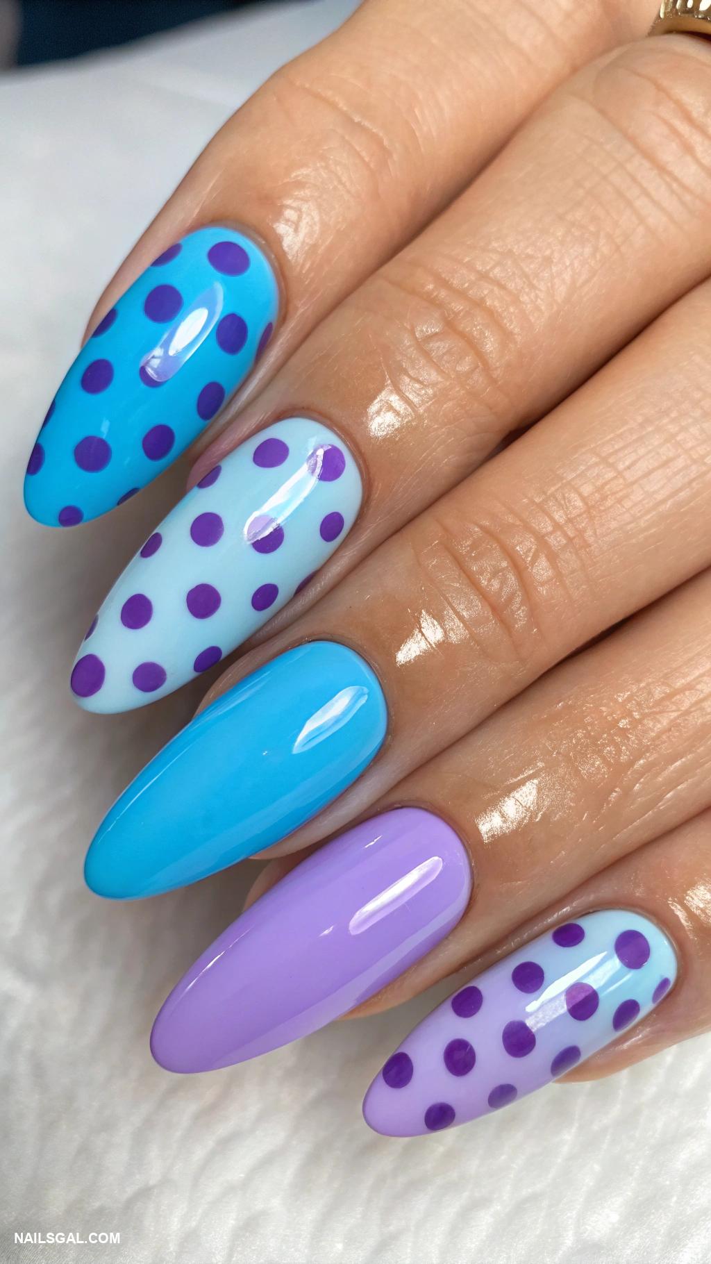 blue and purple nails Polka dots in vibrant blue and soft purple