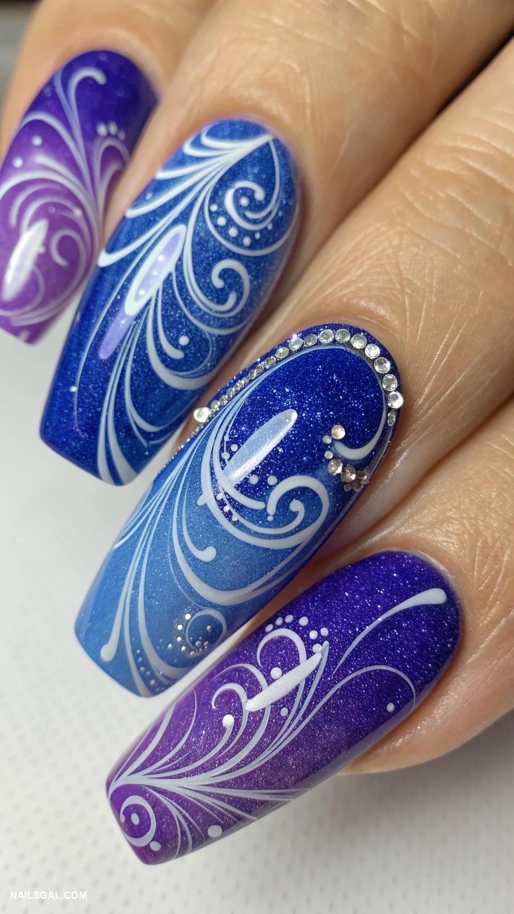 blue and purple nails Swirl designs using both colors