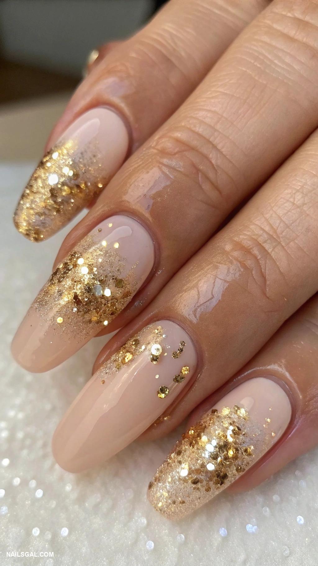 champagne nails Champagne bubbles with gold foil accents