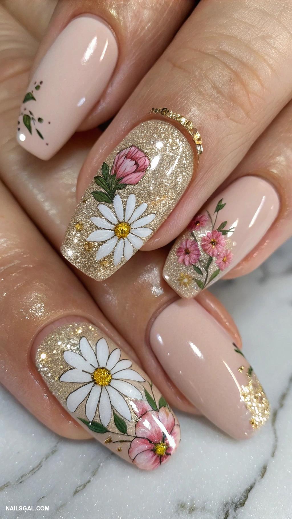 champagne nails Glittery champagne with floral designs