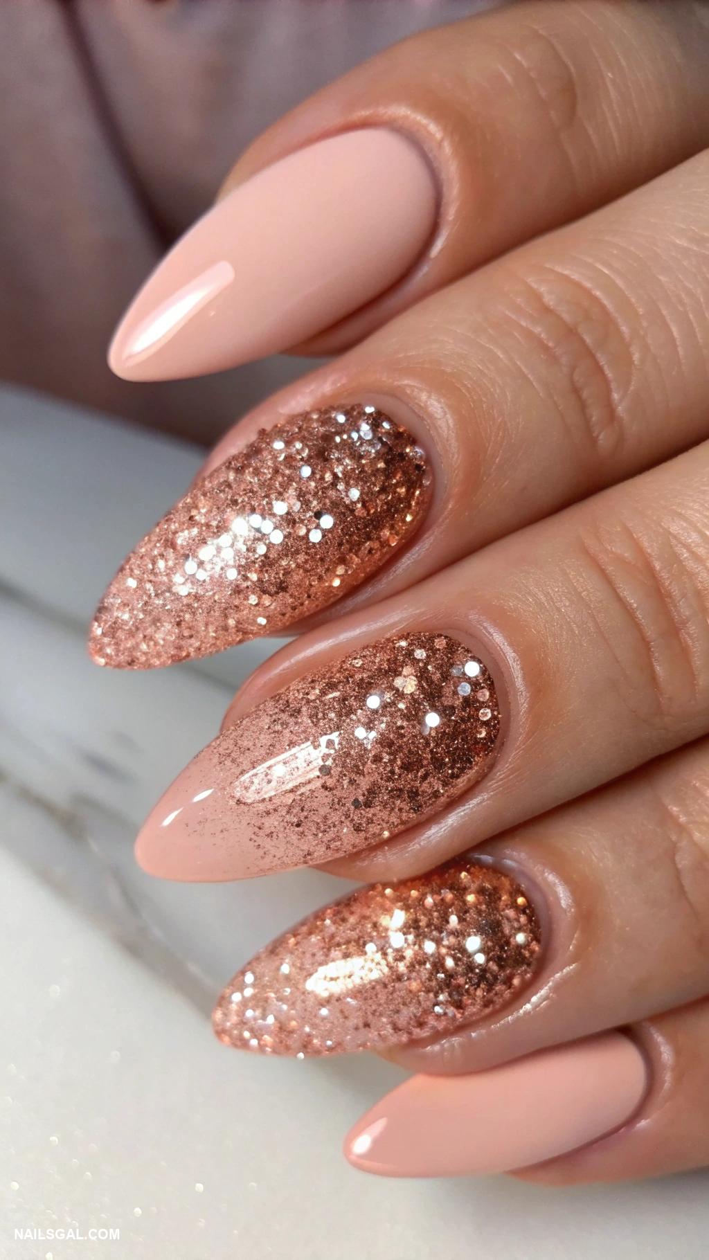 champagne nails Rose gold glitter ombre effect