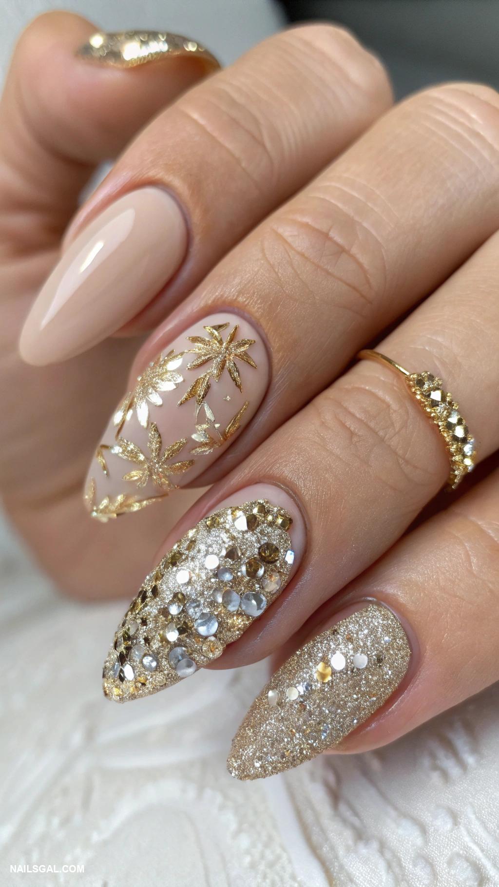 champagne nails Textured champagne with sequins