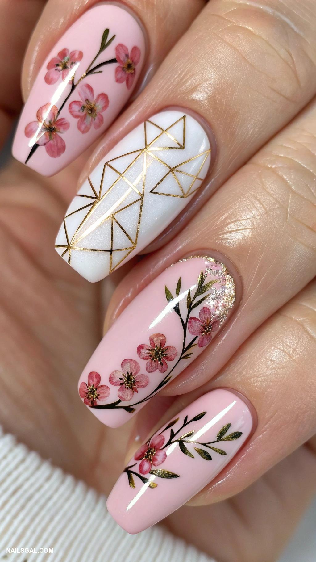 cherry blossom nails Geometric shapes with cherry flowers