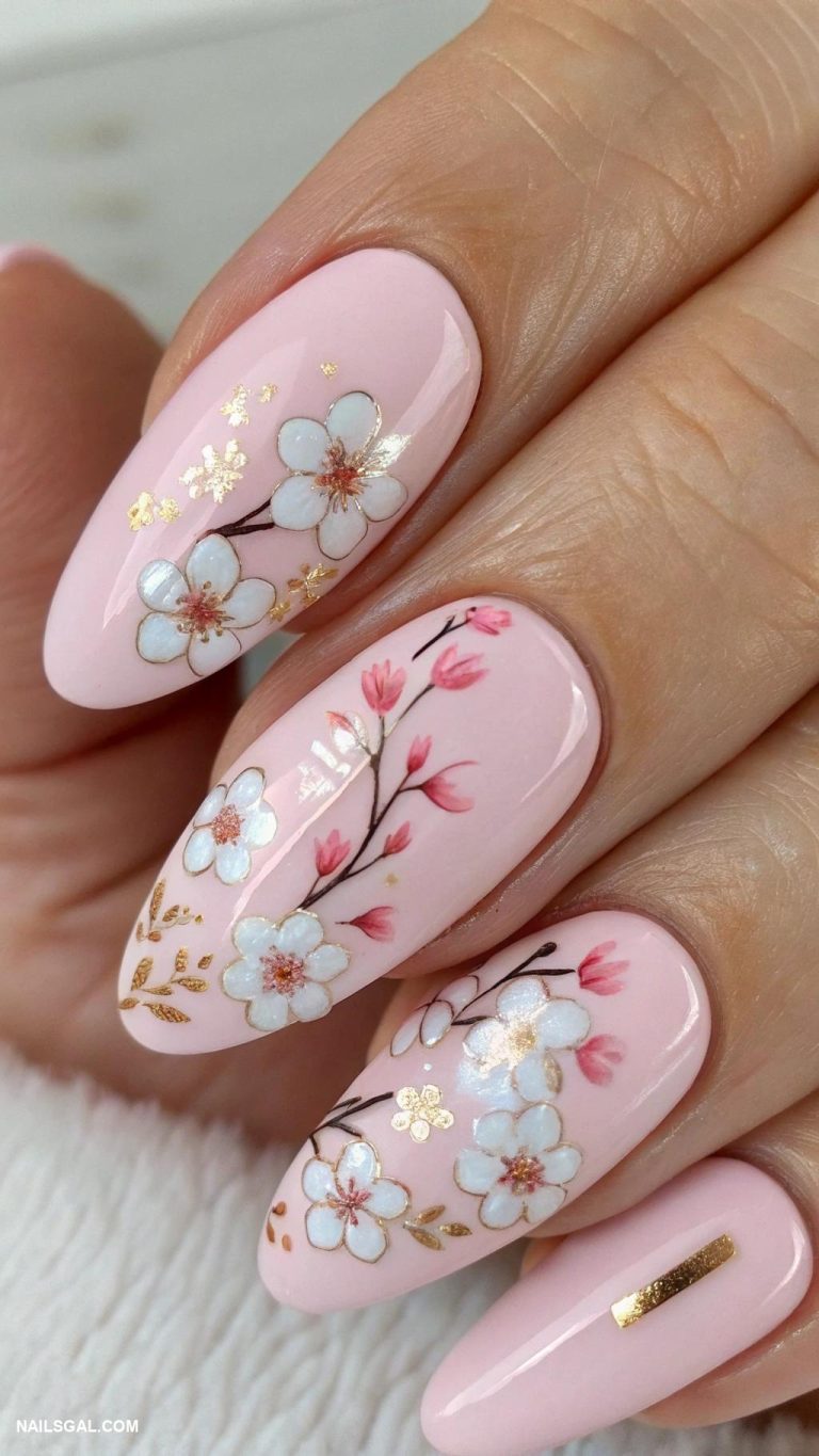 cherry blossom nails Matte nails with glossy blossoms