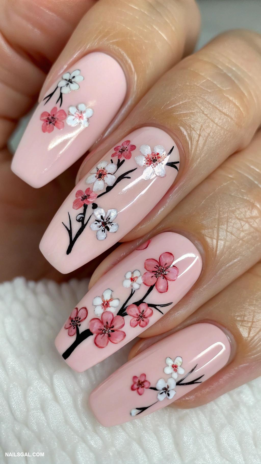 cherry blossom nails Negative space cherry blossom design