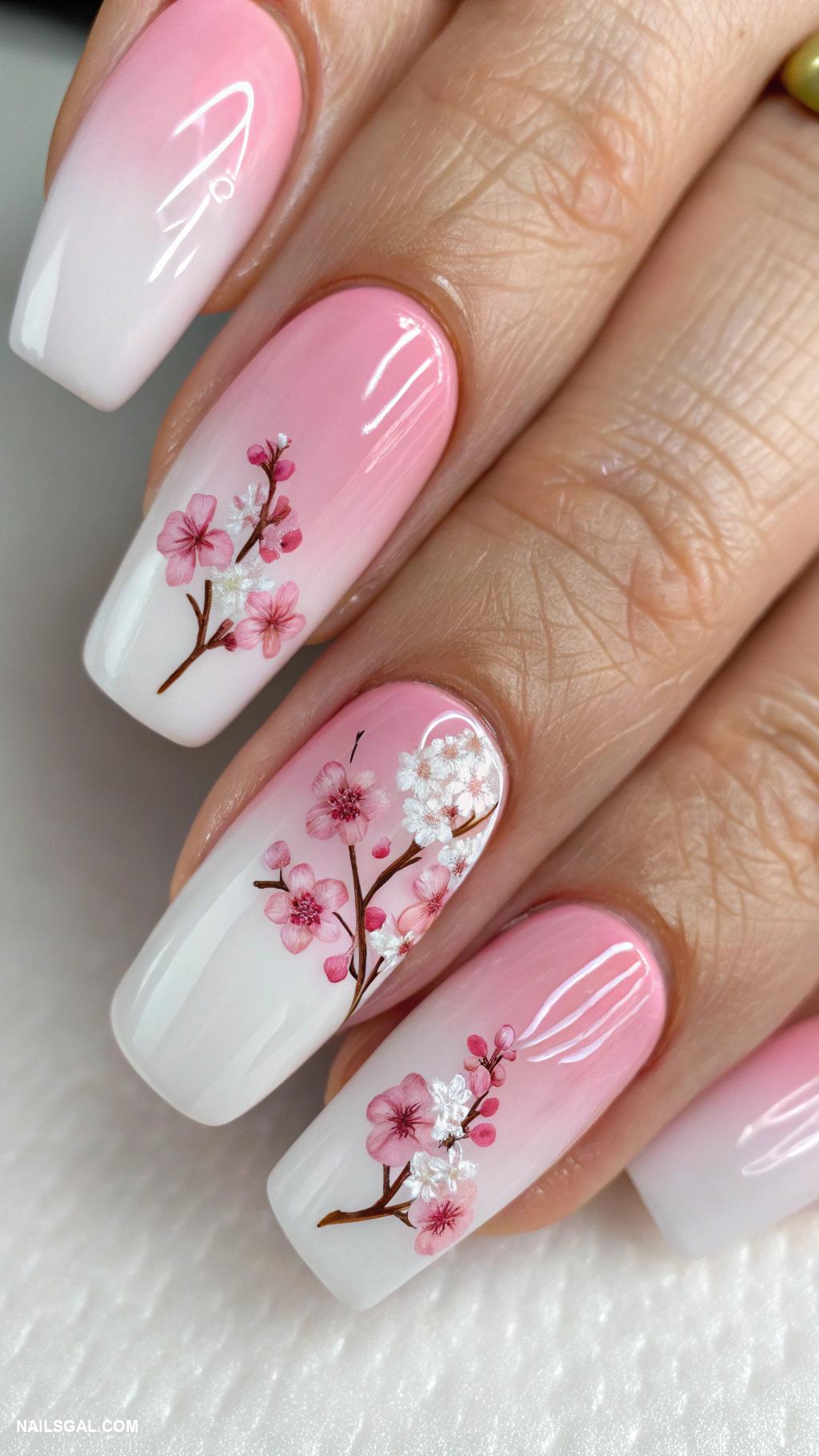 cherry blossom nails Ombre pink and white blend