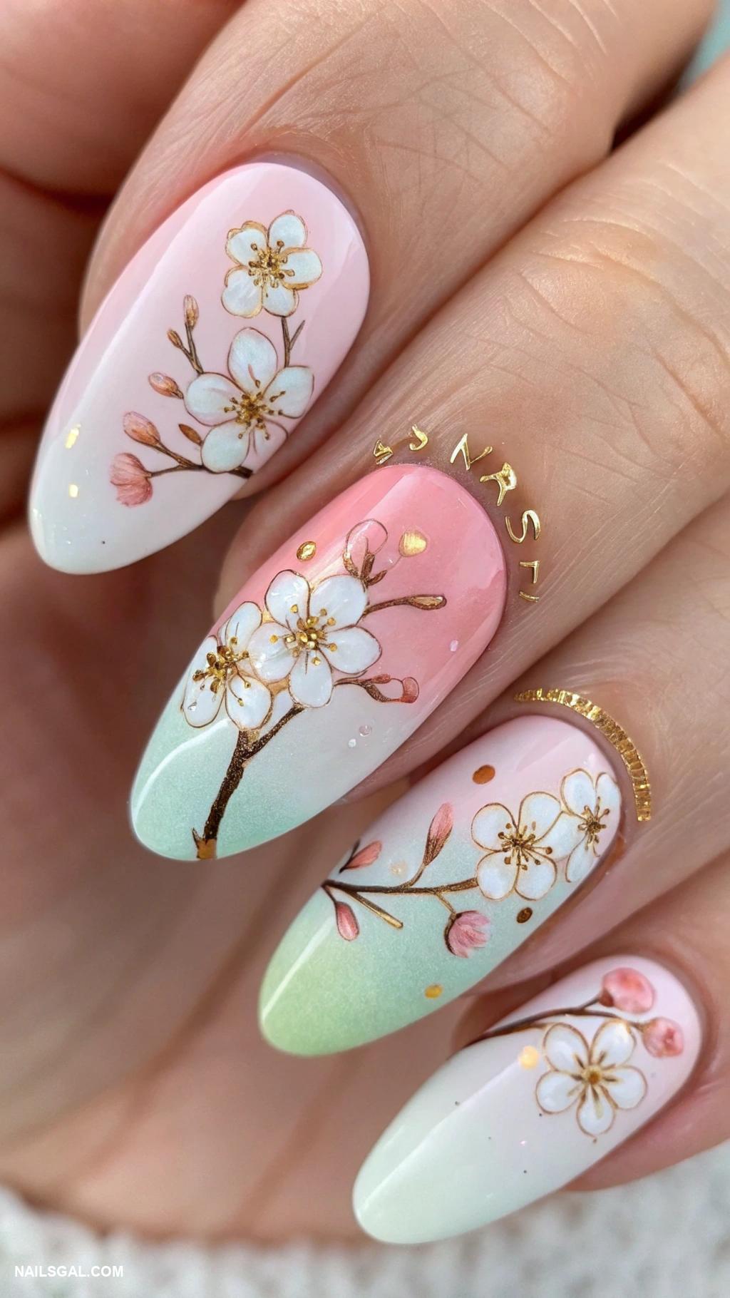 cherry blossom nails Watercolor effect cherry blossoms
