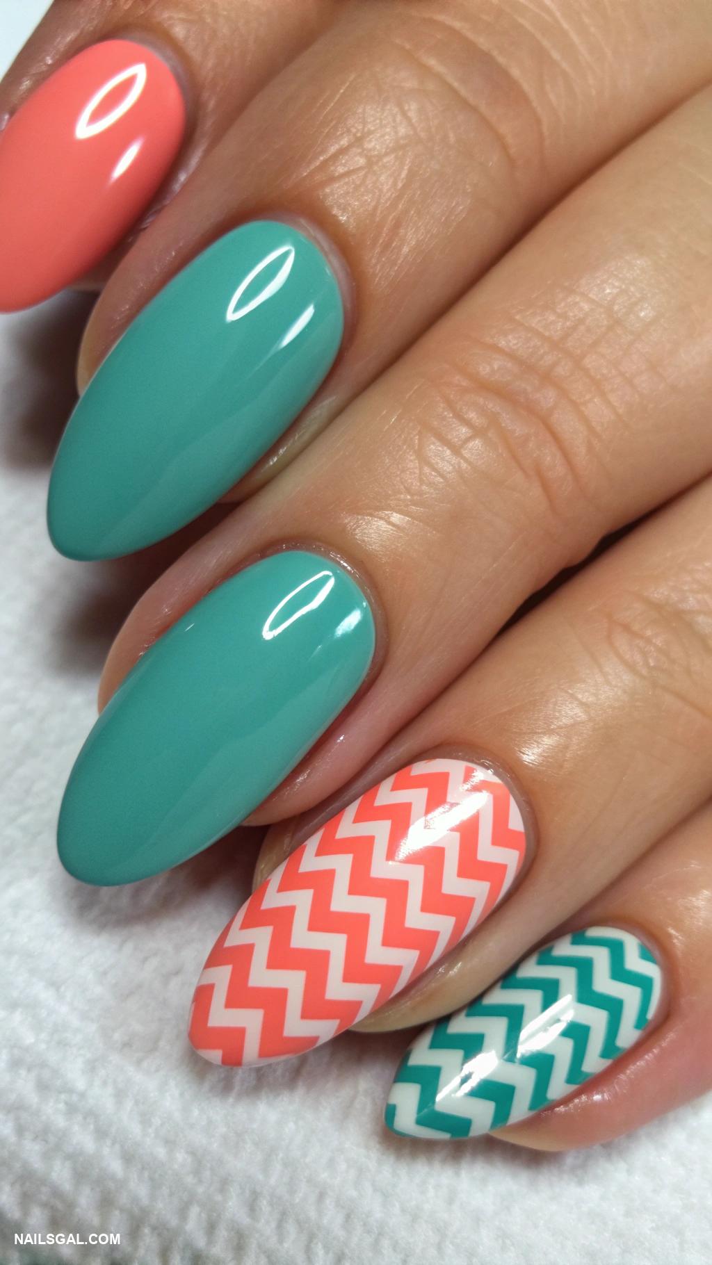 coral and teal nails Coral chevron on teal base