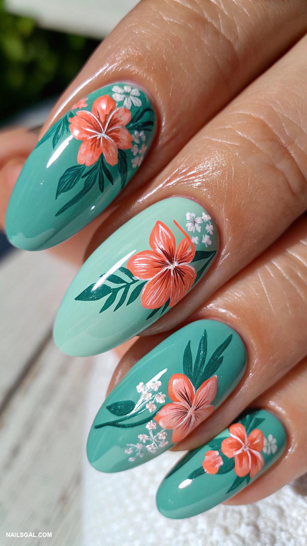 coral and teal nails Coral flowers on teal nails