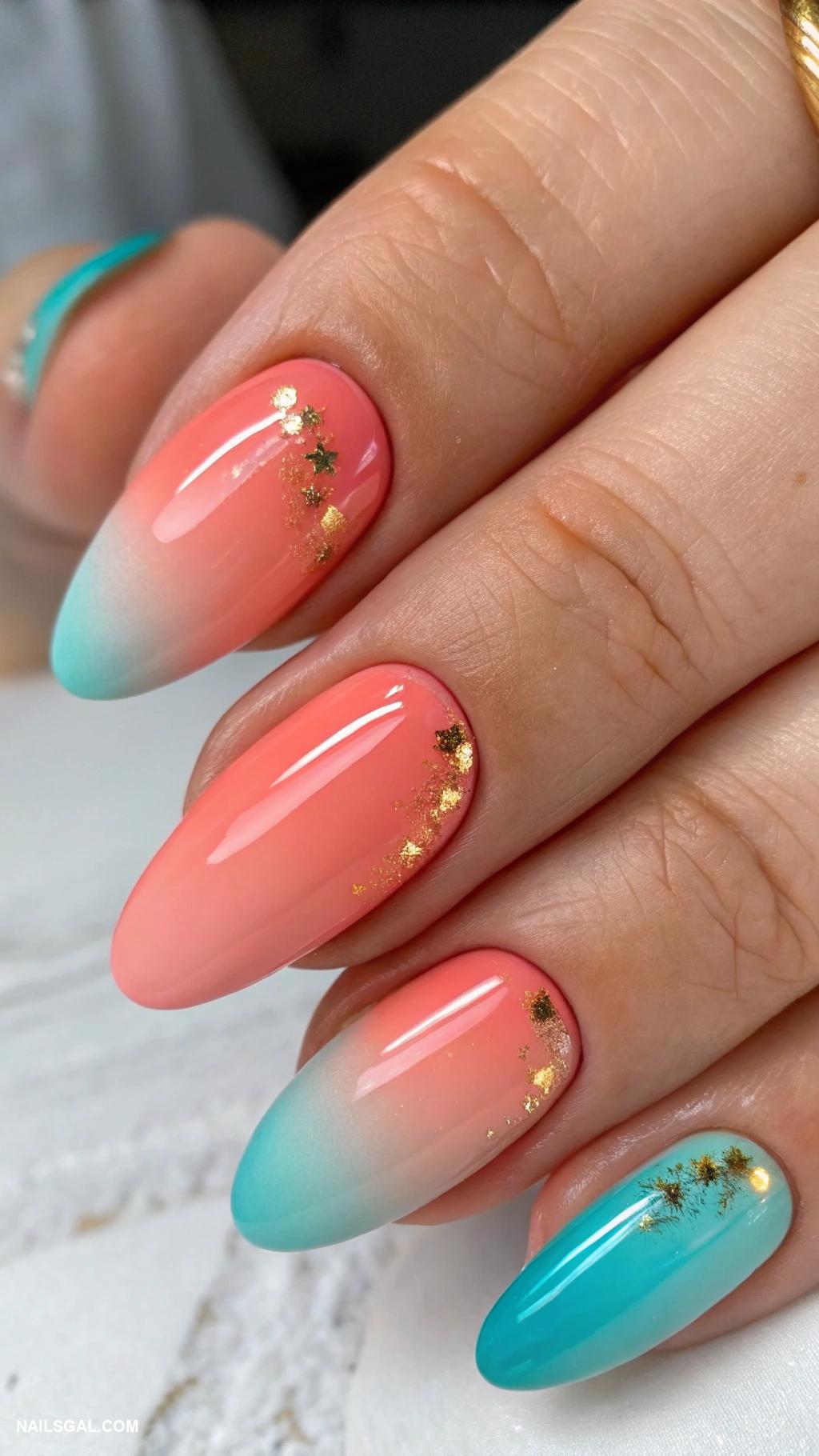 coral and teal nails Coral ombre with teal tips