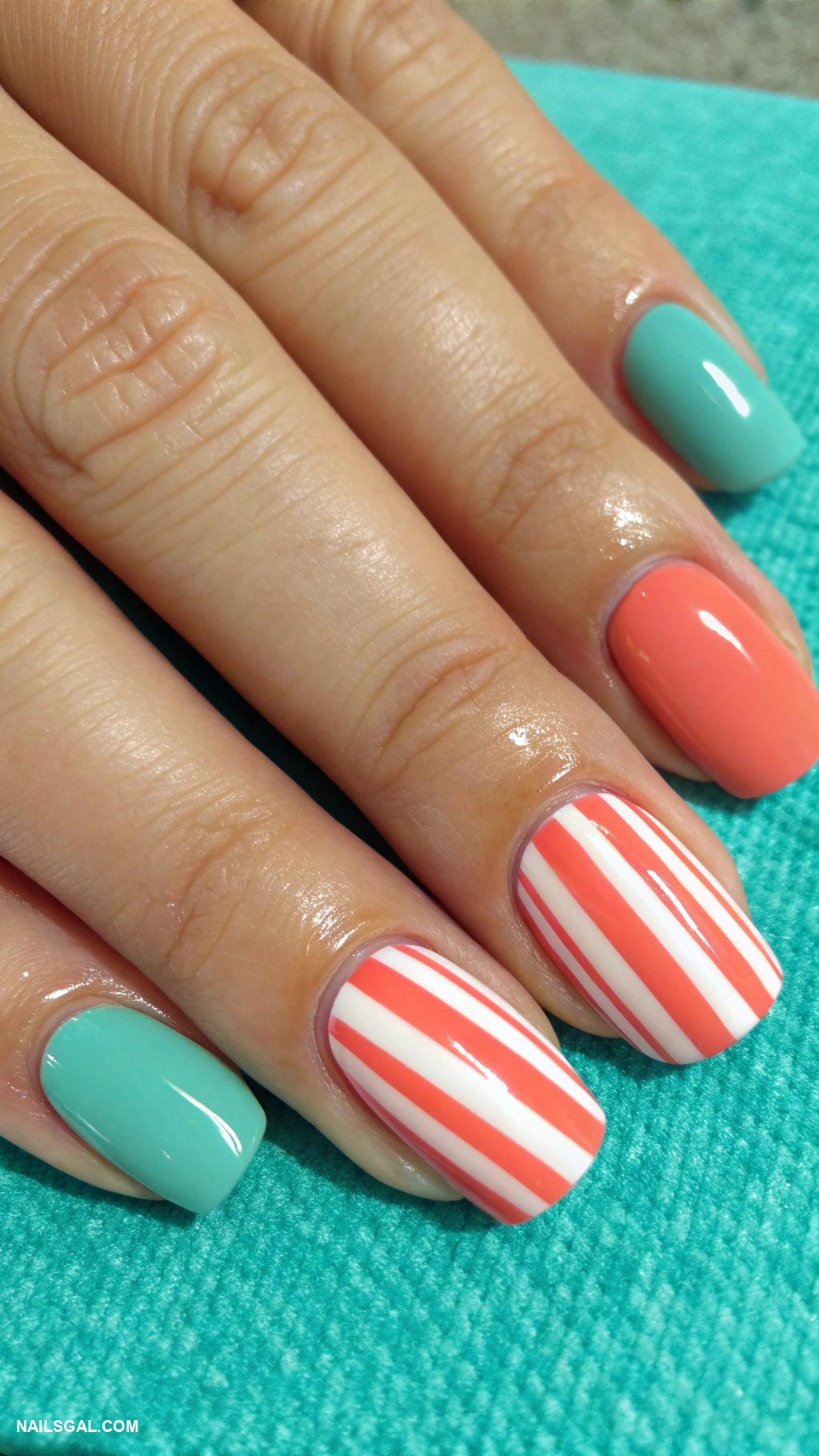 coral and teal nails Coral stripes on teal background