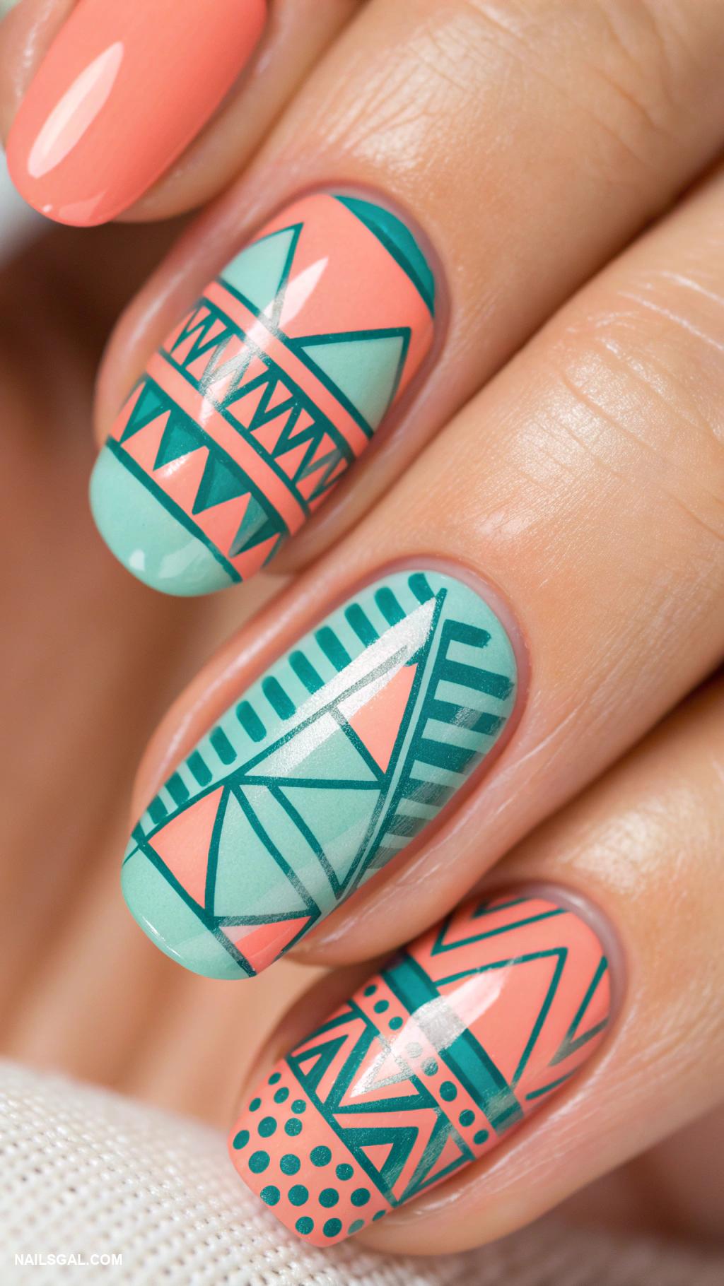 coral and teal nails Teal and coral geometric patterns