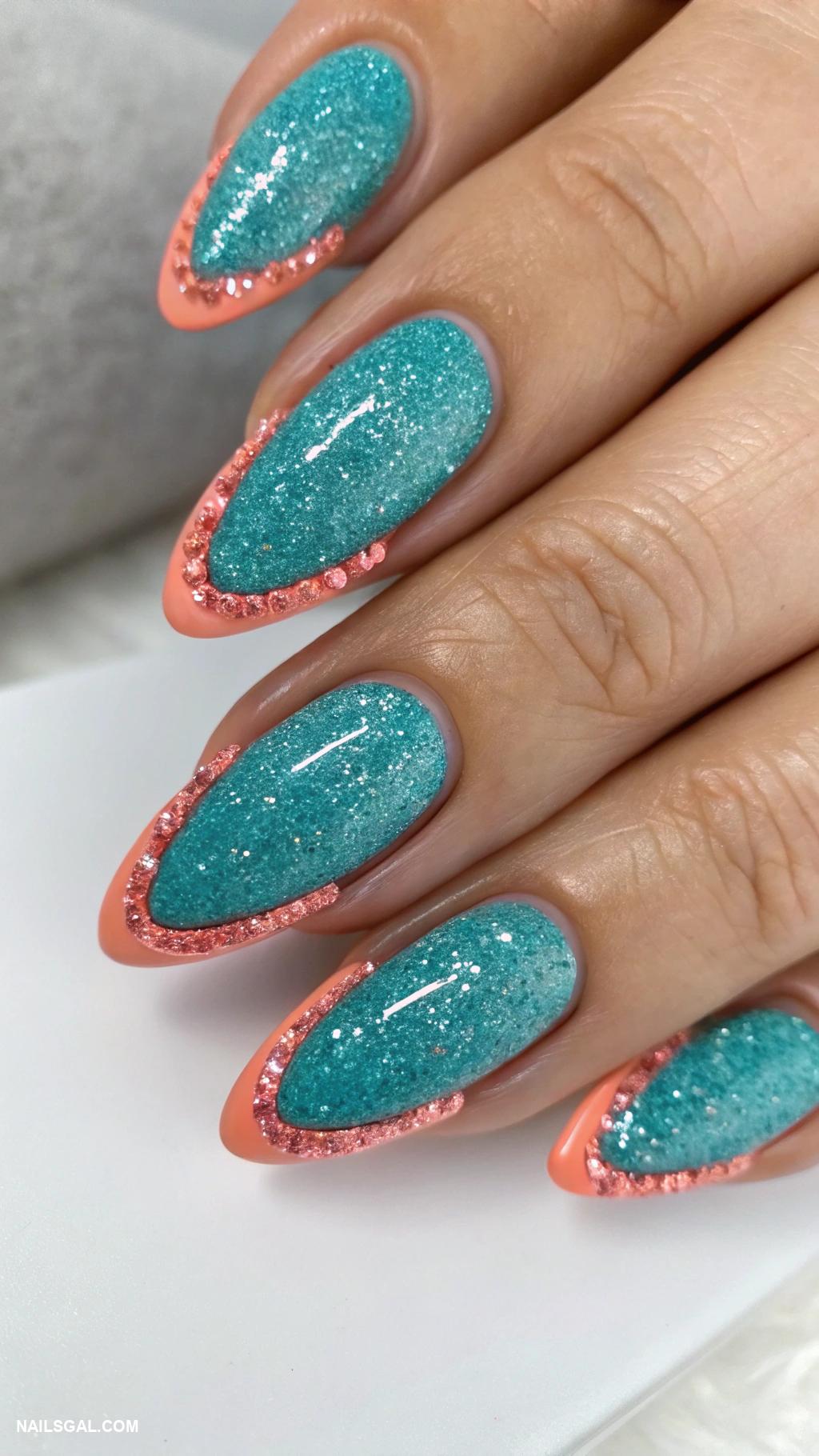 coral and teal nails Teal glitter with coral outline
