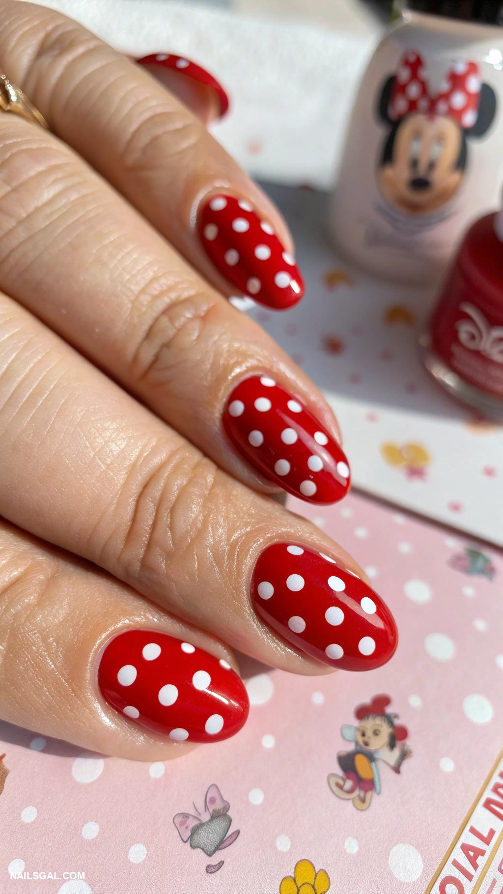 disney nails Classic red nails with white polka dots