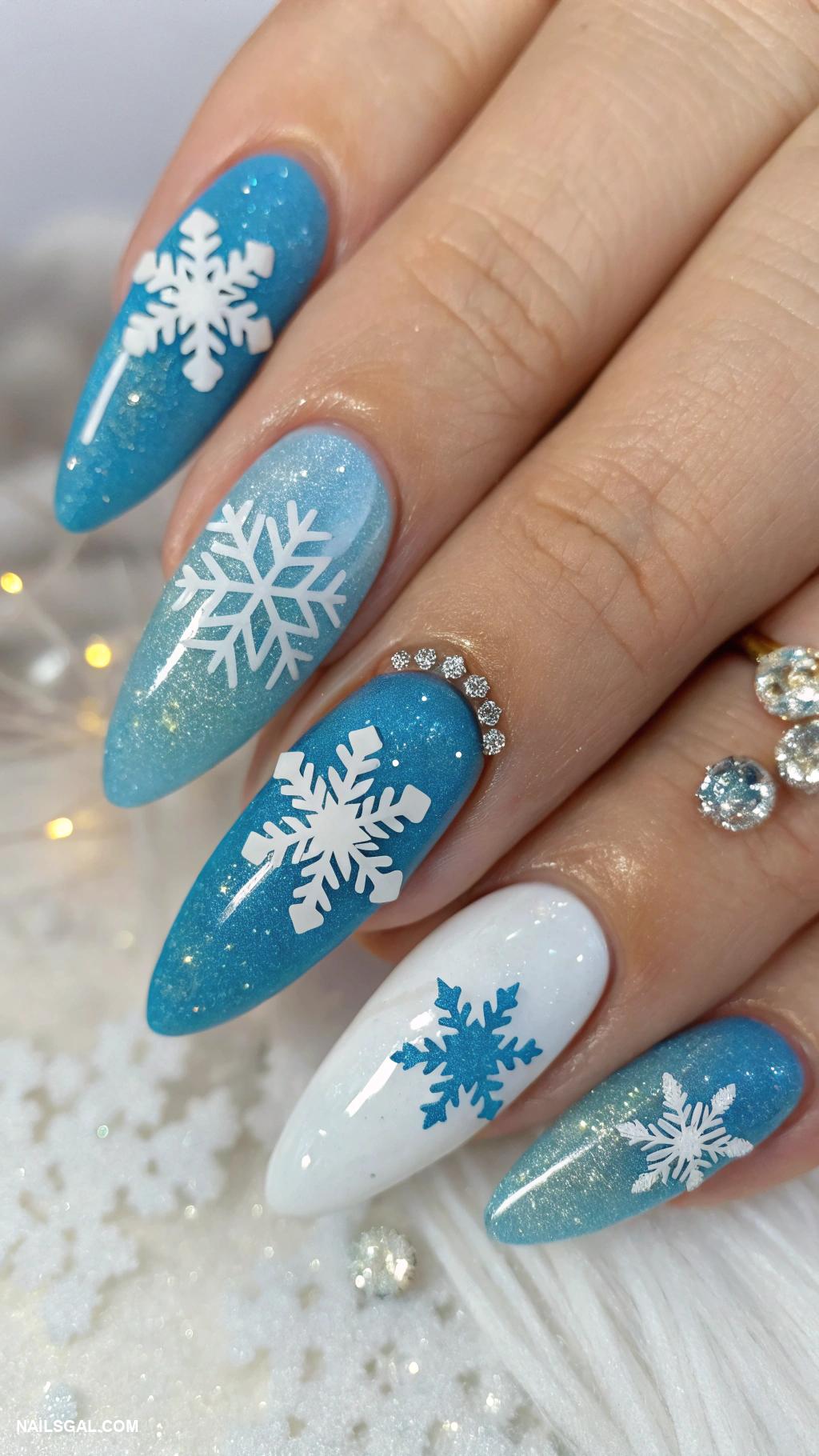 disney nails Frozen inspired blue and white snowflakes
