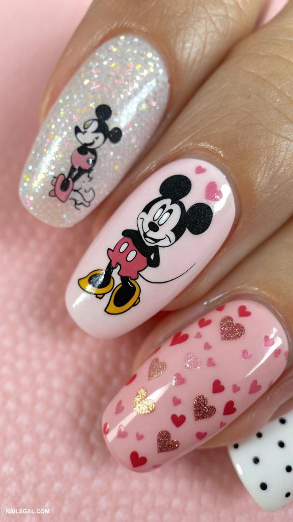 disney nails Mickey Mouse silhouettes on pink background