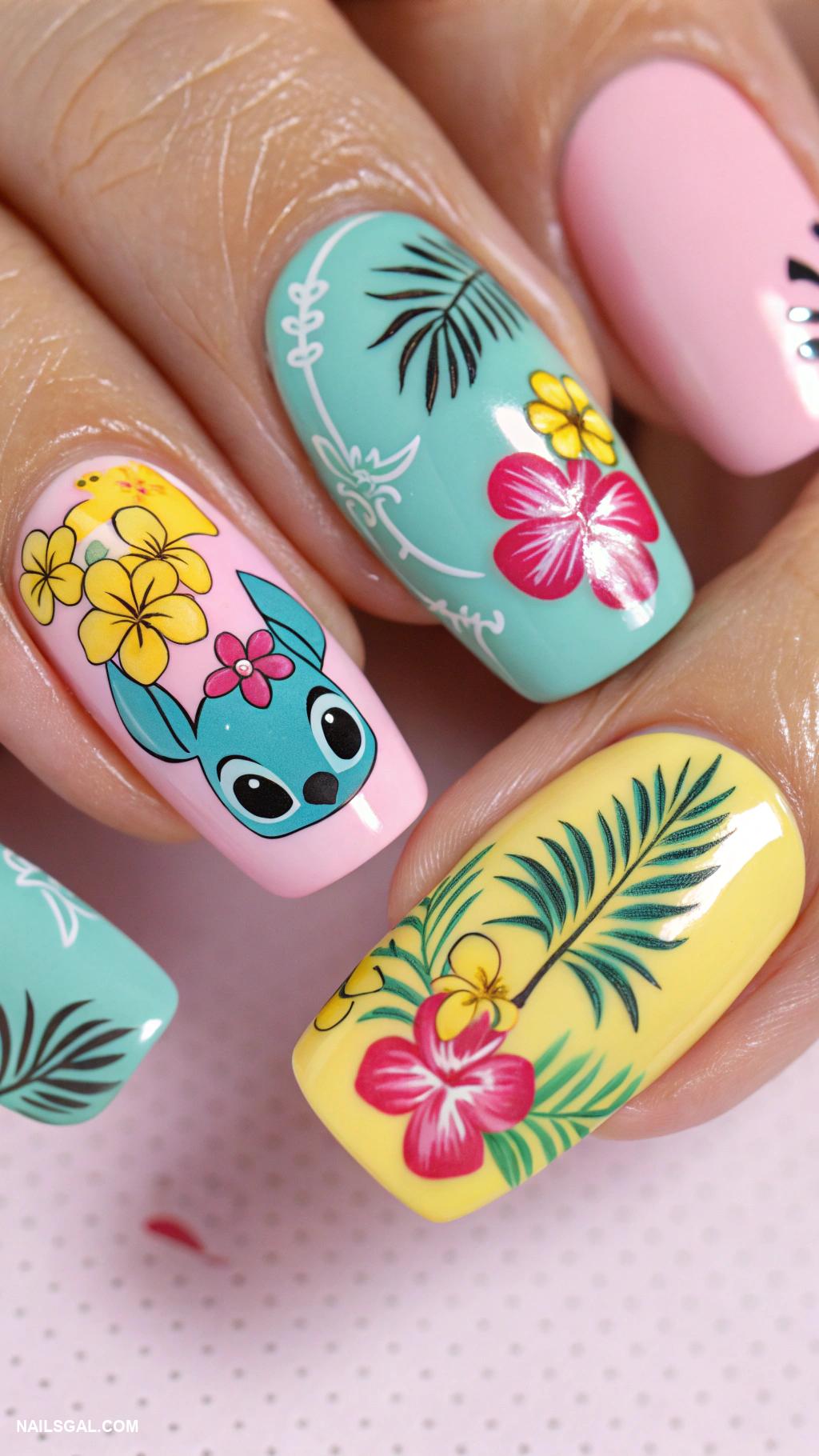disney nails Stitch print with tropical accents