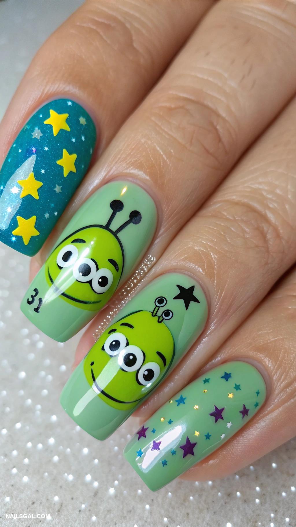 disney nails Toy Story aliens on green base