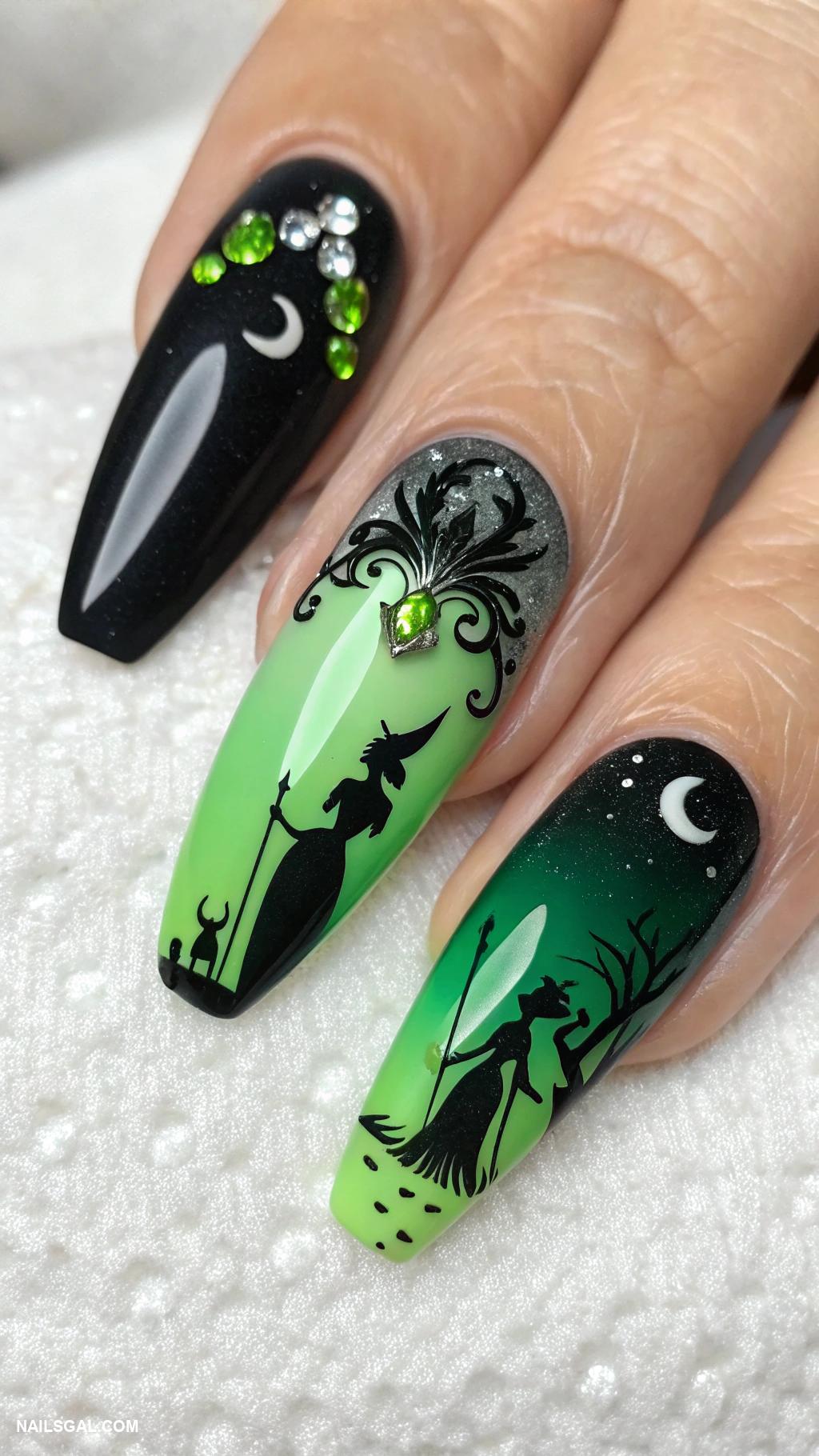 disney nails Villains themed black and green nails