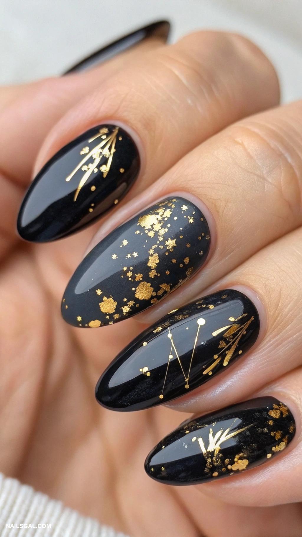 gold nails Abstract gold splatters on dark polish