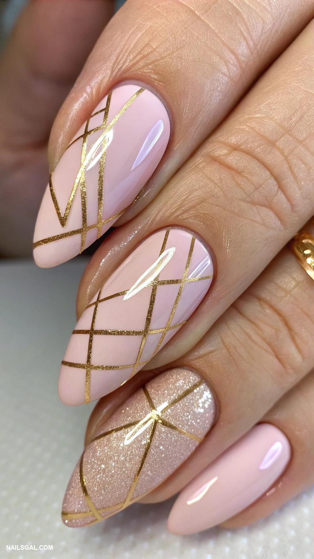 gold nails Geometric gold lines on pink nails