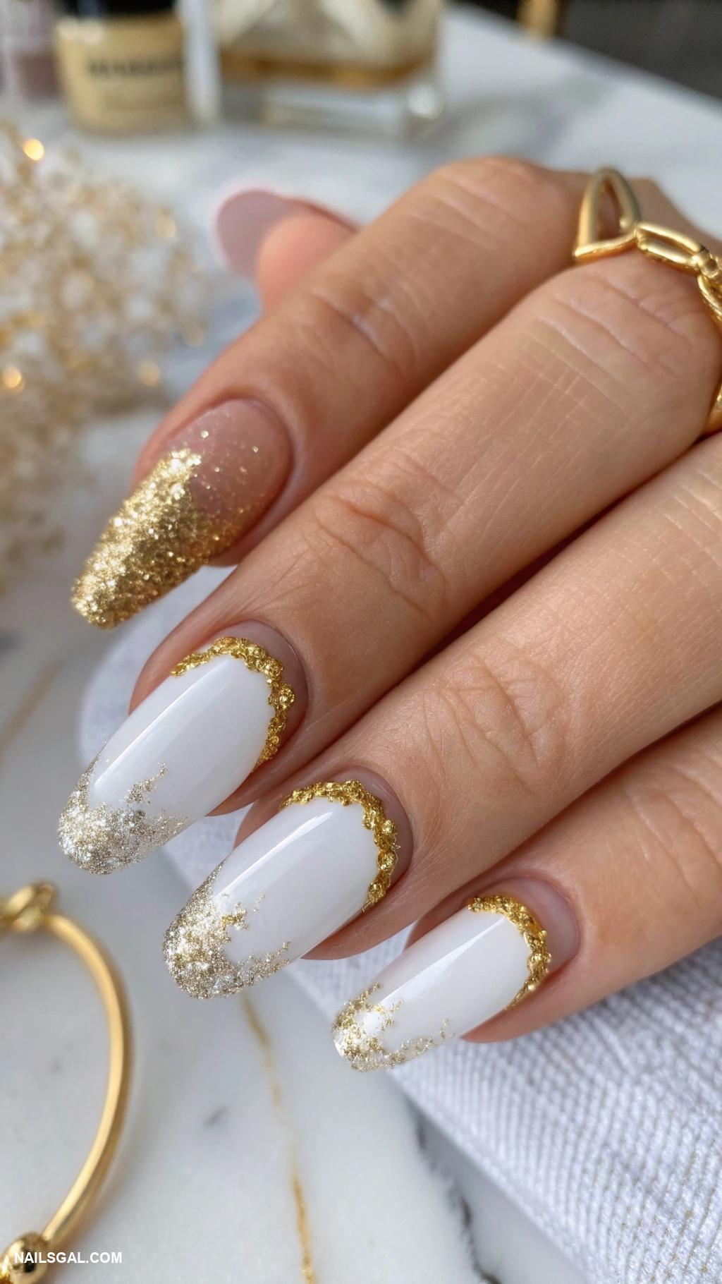 gold nails Glittering gold tips on white nails
