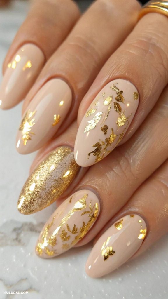 gold nails Gold foil accents on nude nails