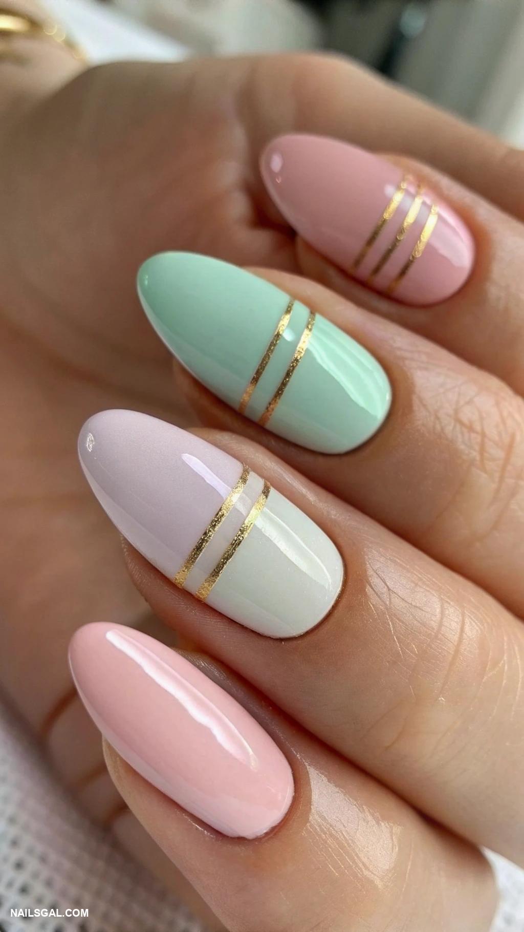 gold nails Gold stripes on pastel colored nails
